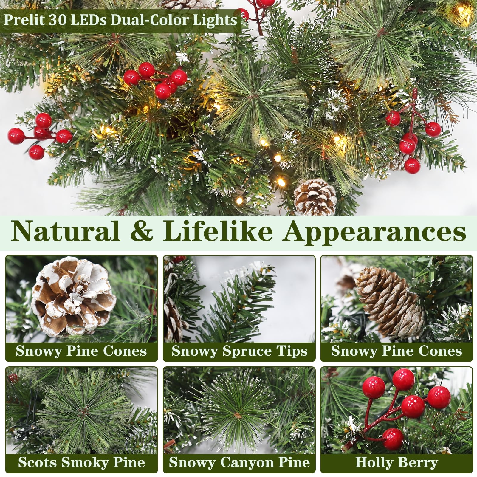 Dual Color Change&Timer-Prelit Christmas Wreaths for Front Door,30 Warm White&Color Light 8 Mode,Pinecone,Red Berry,Lifelike Spu