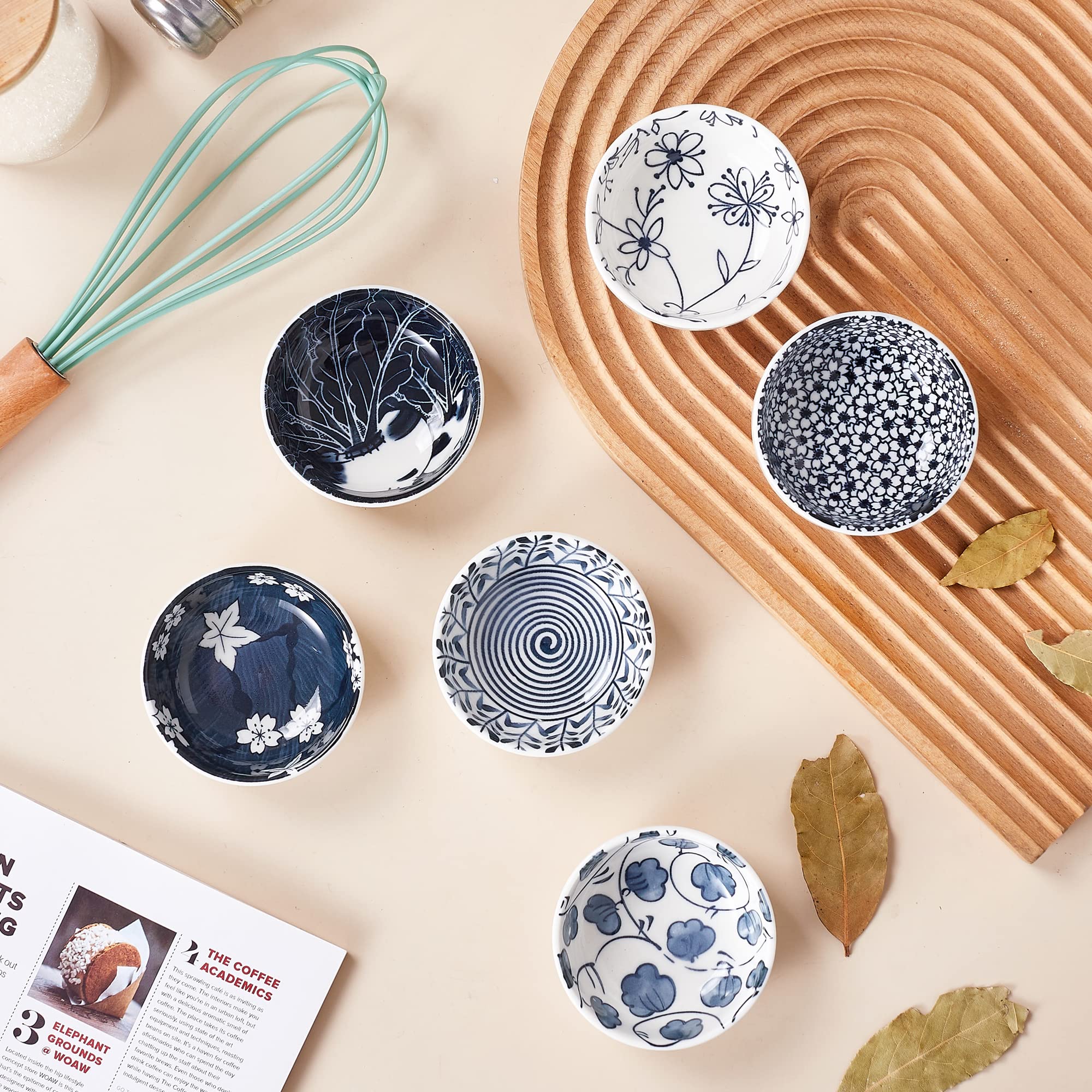 Ceramic Dipping Bowls,3 Inch Pinch Bowls Set Side Sauce Cups,Dishes For Sushi,Snack And Soy,Bbq,2.5 Oz Blue And White Mini Bowls