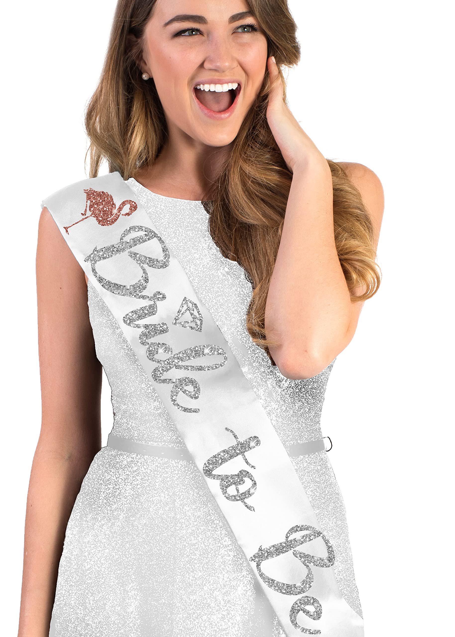 Tropical Bachelorette Party Supplies - Rose Gold Sparkle Flamingo Silver Sparkle Diamond Bride To Be White Satin Sash - Summer B