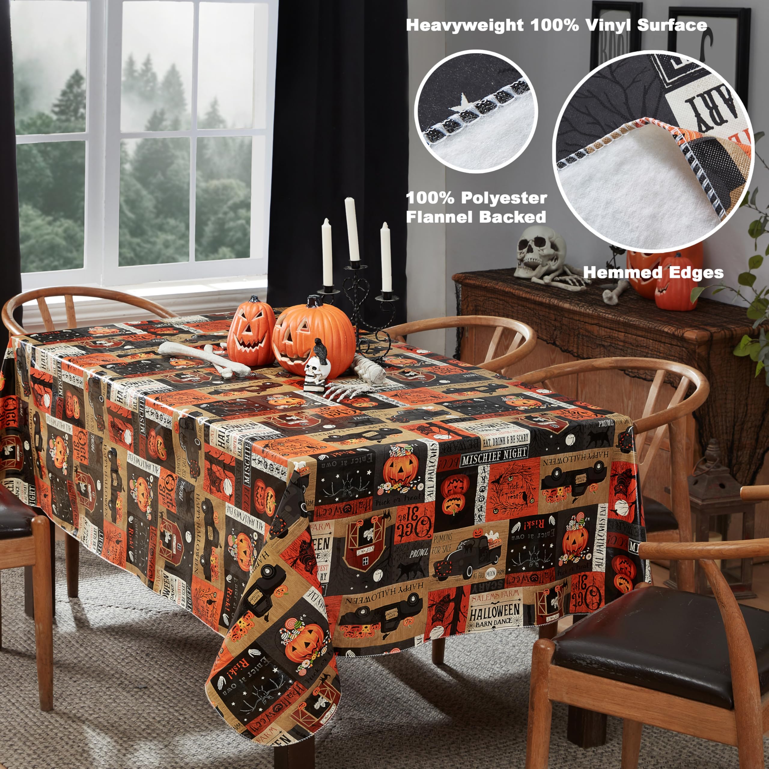 Newbridge Halloween Rustic Spooky Farm 52 x 70 Inch Rectangle Vinyl Tablecloth with Flannel Backing