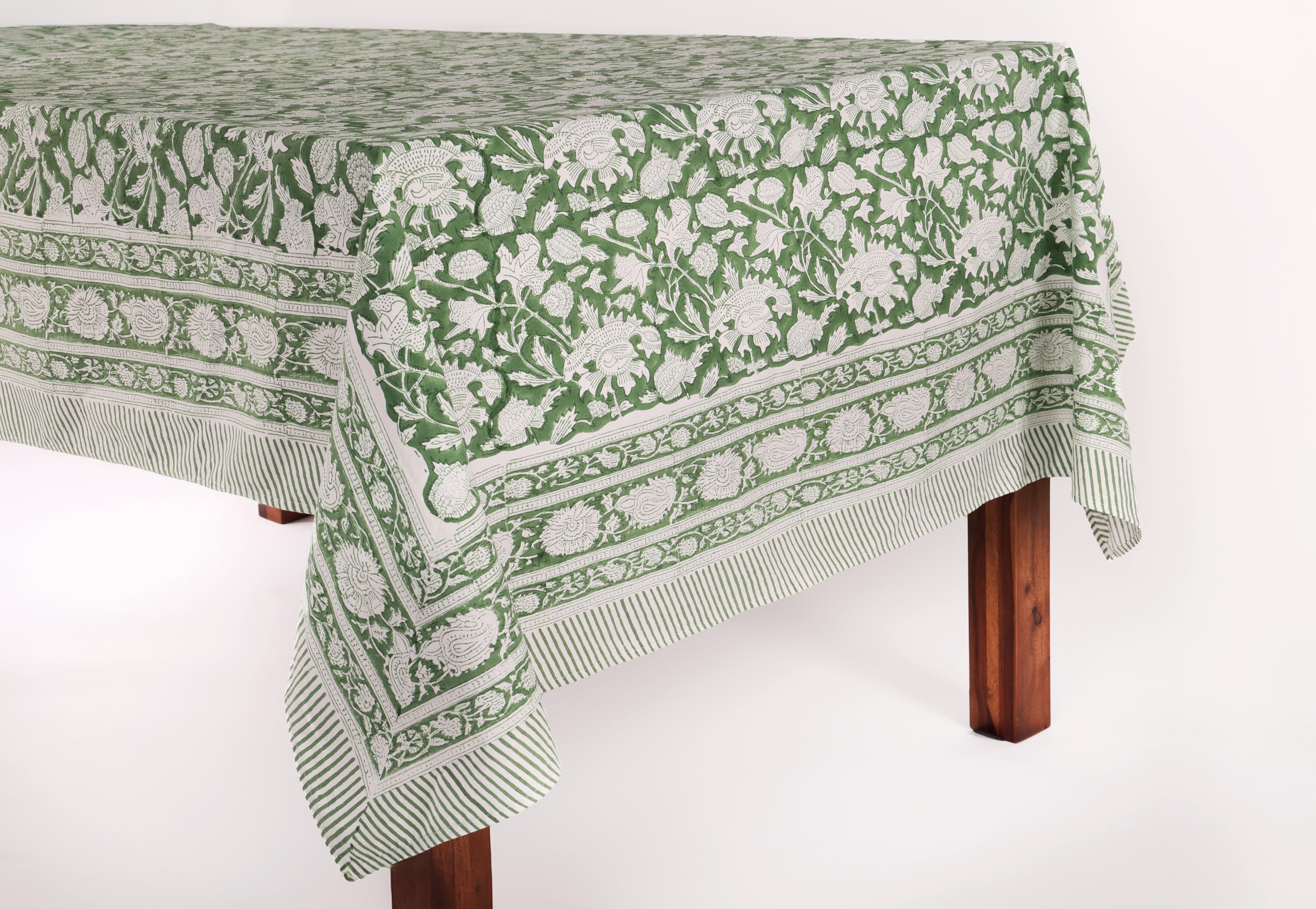 ATOSII Meraki Green 100% Cotton Rectangle Tablecloth, Hand Block Print Washable Table Cover, Dining, Christmas Parties, Outdoors