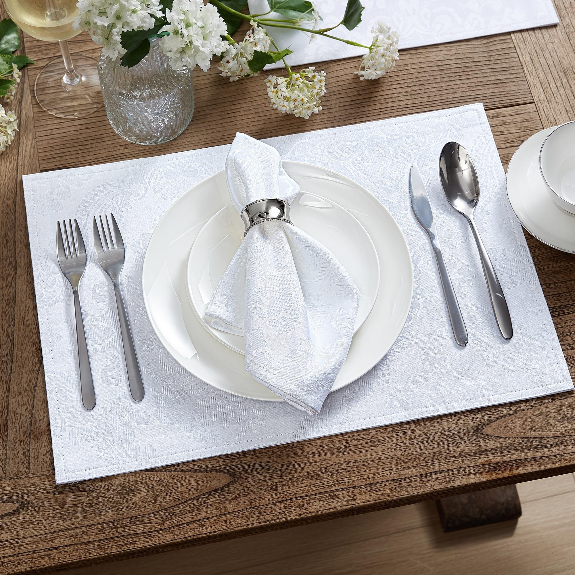 Elrene Home Fashions Caiden Elegance Damask Fabric Napkins (Set Of 4), 17'' X 17'', White 4 Count (Pack Of 1)
