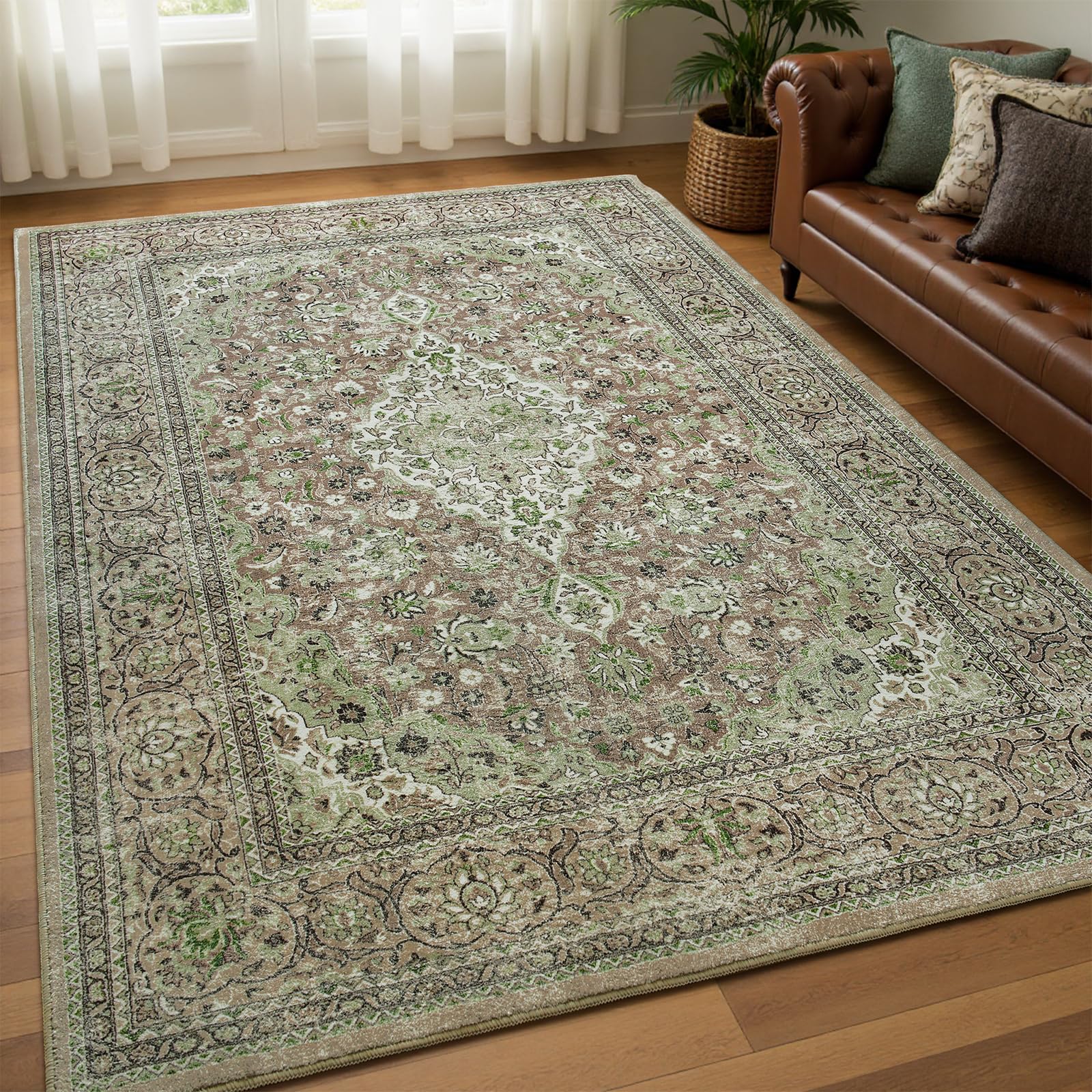 Goideal Washable Rug 4x6, Sage Green Area Rugs Non Slip, Indoor Low Pile Carpet with Rubber Backing for Living Room Kitchen Bath