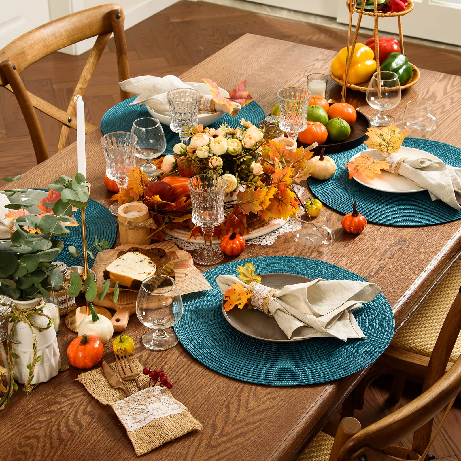 Ahhfsmei Round Braided Placemats 15 Inch Round Table Mats For Dining Tables Natural Woven Heat Resistant Place Mats Set Of 6 (Te