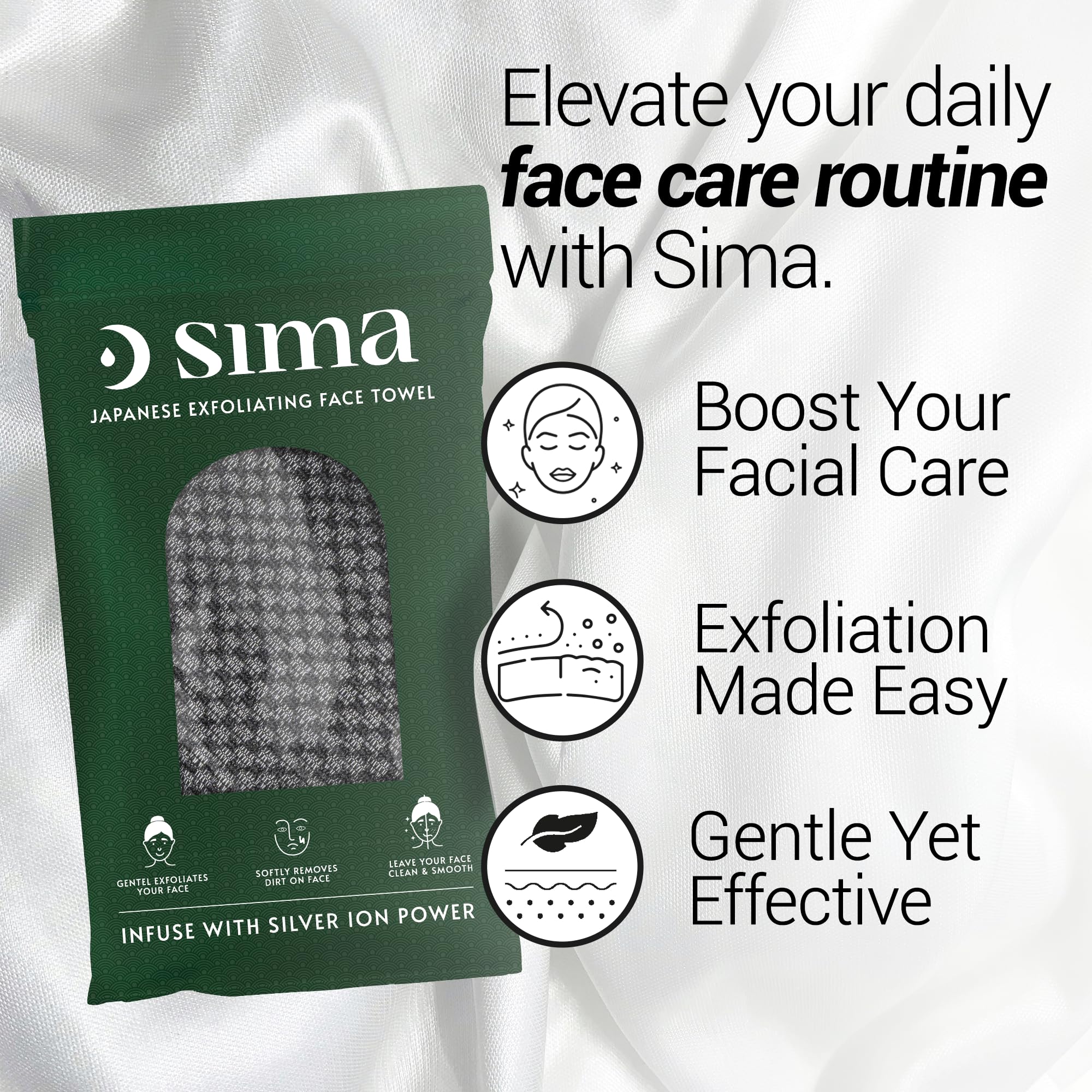Sima Brand Exfoliating Washcloth - Japanese Scrub Towel, Hexagon Fibers, 27cm x 35cm, Black, 2-Sided Face & Body Scrubber