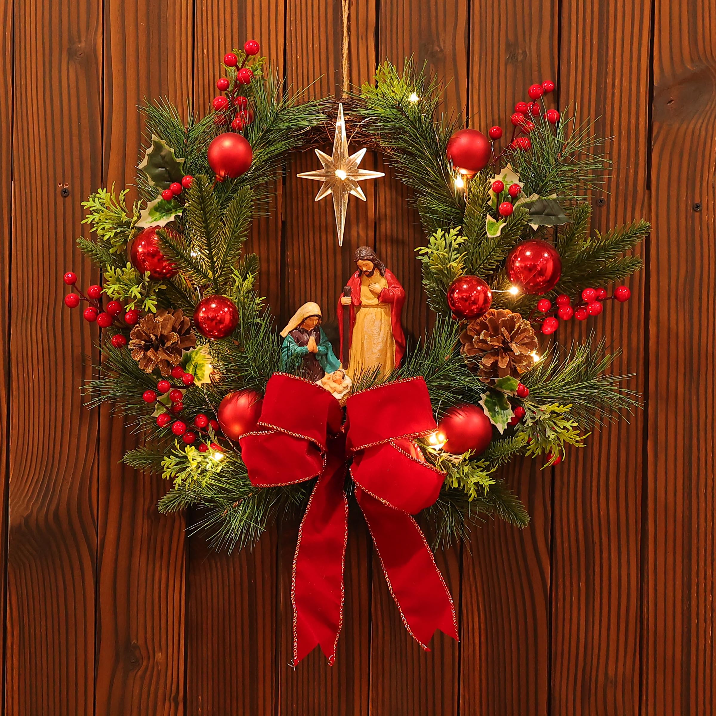 Moonet 19 Christmas Wreath with LED Lights Jesus Nativity Scene Garland for Home Hanging Ornament, Holiday Wreath with Lights fo