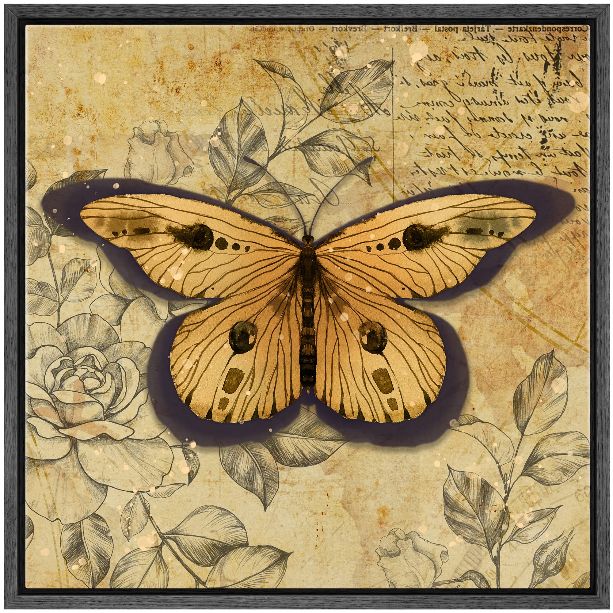 Wall26 Framed Canvas Print Wall Art Yellow Monarch Butterfly Floral Pattern Nature Wilderness Rustic Modern Art Farmhouse Decora