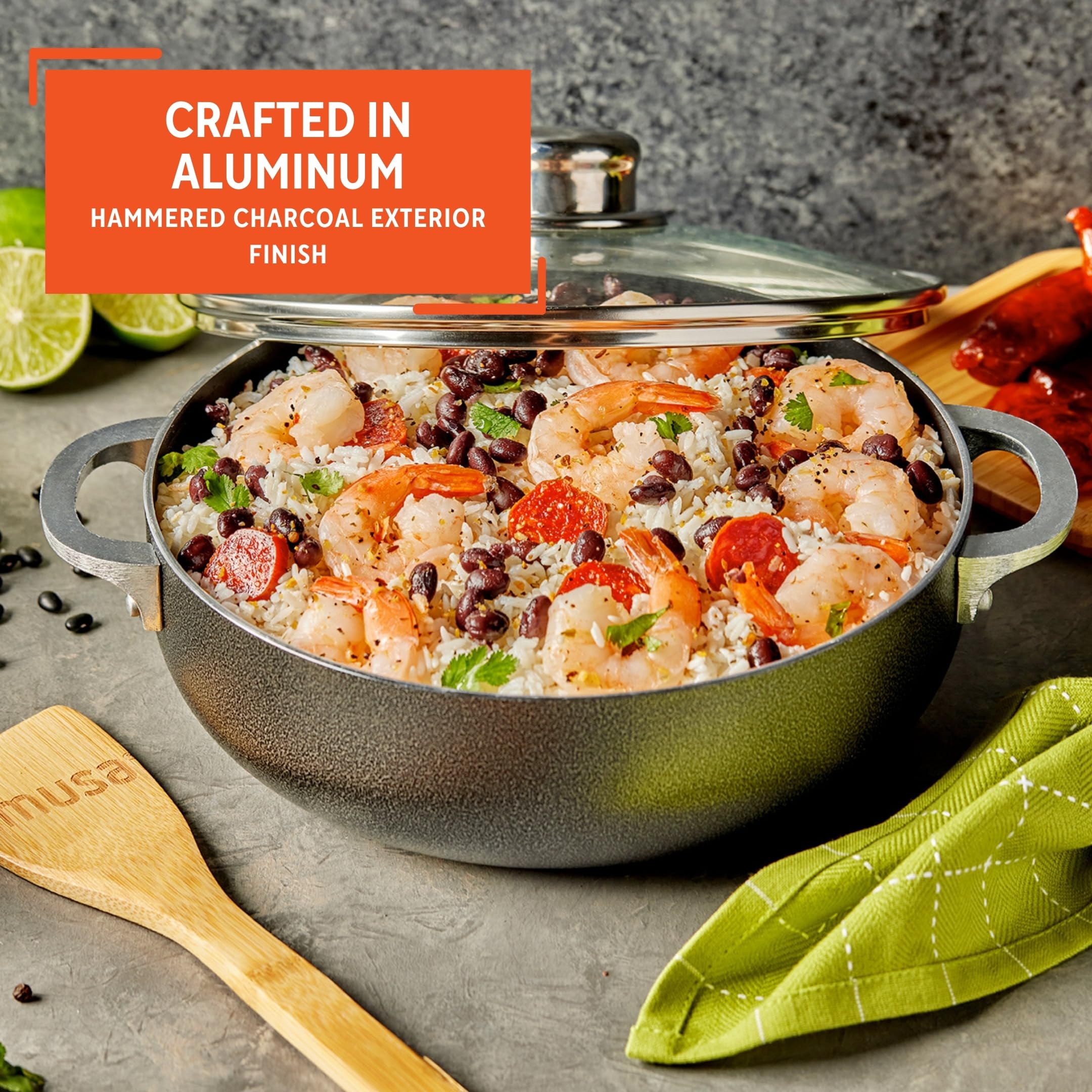 Imusa 6.9Qt Charcoal Aluminum Nonstick Caldero With Glass Lid, Black