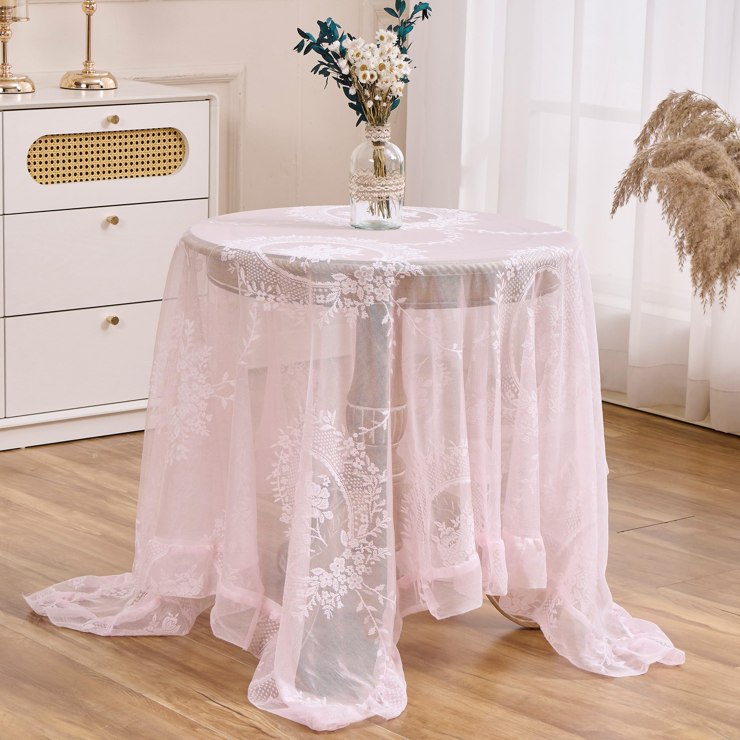 Raedan Pink Floral Lace Square Tablecloth 55x55 Vintage Table Cloth