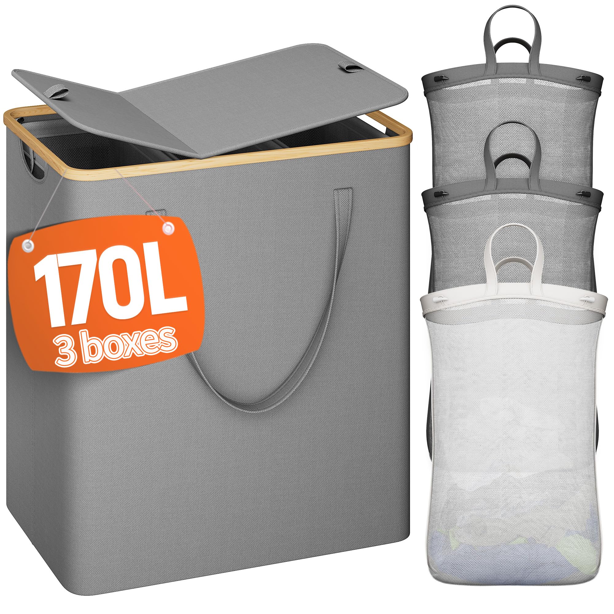 Raybee Laundry Basket With Lid, 170L Laundry Hamper With Lid, Dirty Laundry Hamper 3 Section Divided Laundry Basket Organizer Fo