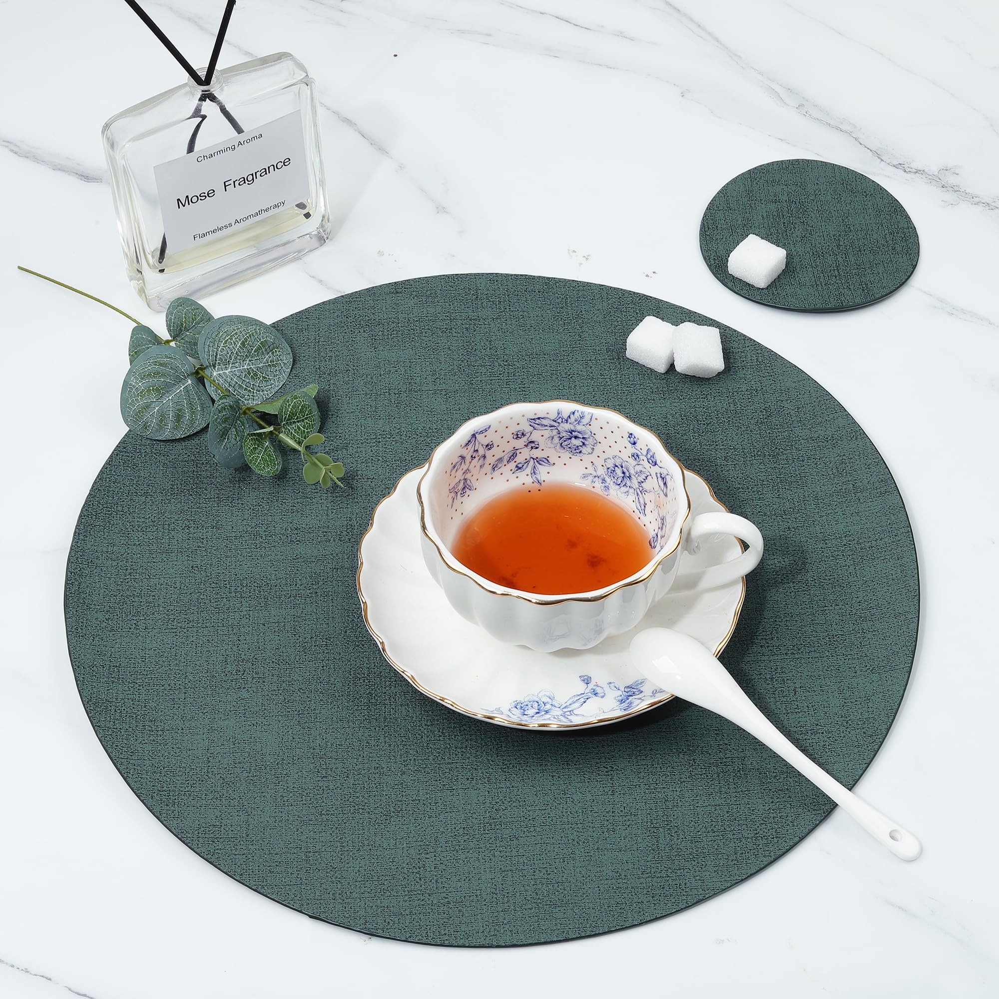 Fanquare Cloth Feature Placemats Green Leather Placemats And Coasters Set Of 6 Small Washable Placemat For Dessert Plate Easy To