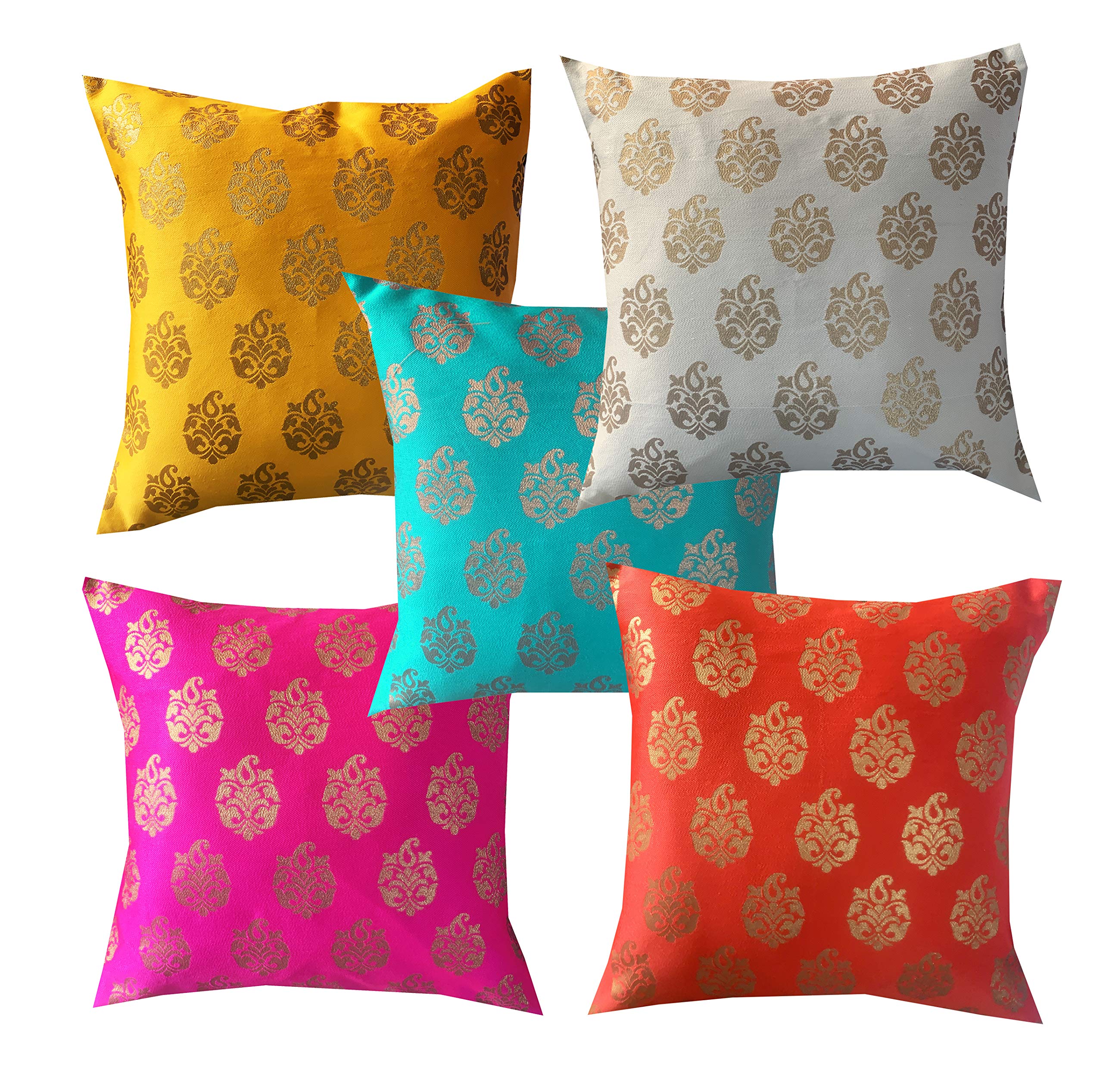 Pink Parrot Jacquard Silk Multi Colour Square Cushion Cover 16X16 Inch-Set 5 Pcs, 150 Tc