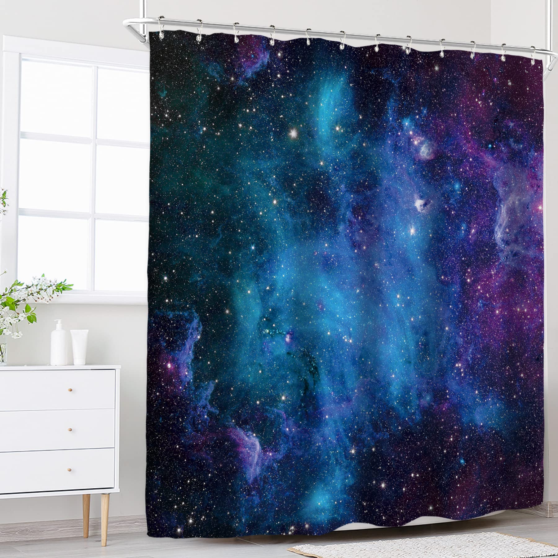 Riyidecor Galaxy Boys Outer Space Shower Curtain For Bathroom Decor 60Wx72H Starry Kids Trippy Nebula Universe Planet Magical Fa