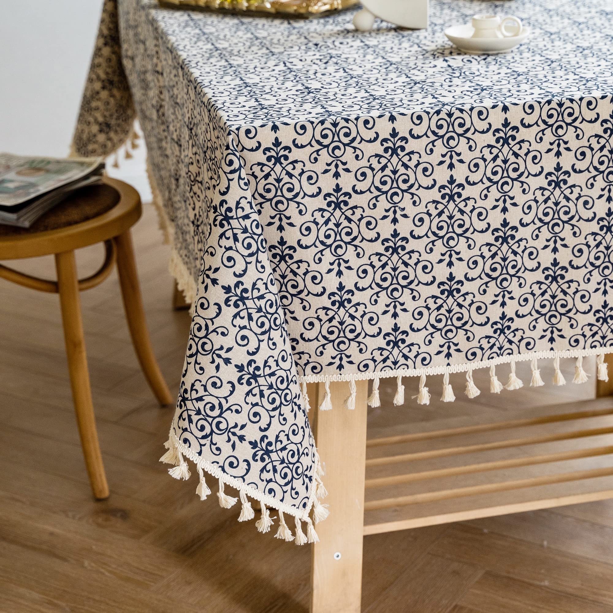 Yuurain Vuvu Blue And White Porcelain Pattern Cotton Linen Fabric, Stitching Tassel Rectangle Tablecloth For Kitchen | Dining |
