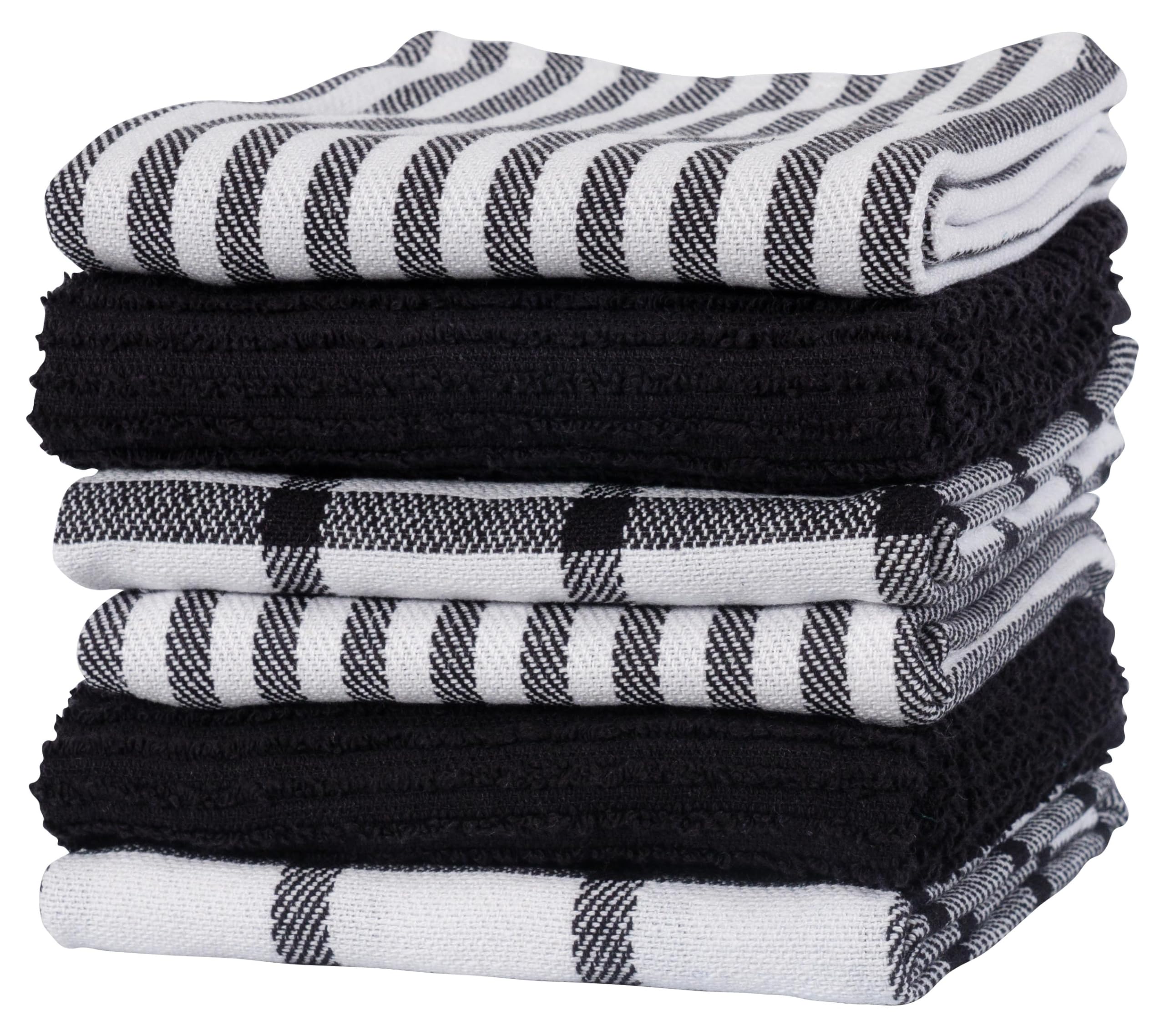 Kaf Home Premium Kitchen Towels (18'' X 28'', 6 Pack), Large 100% Cotton, Flat & Terry Absorbent Dish Towel Set (Black)