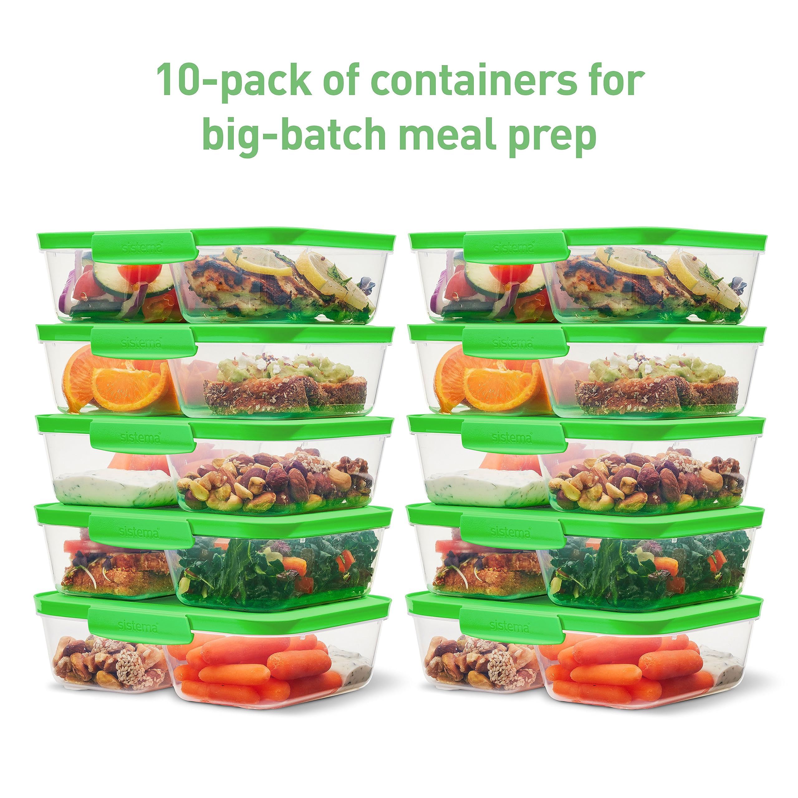 Sistema Nest It Meal Prep Food Storage Containers With Lids, 2 Compartments, 3.7 Cups, 10-Pack, Green