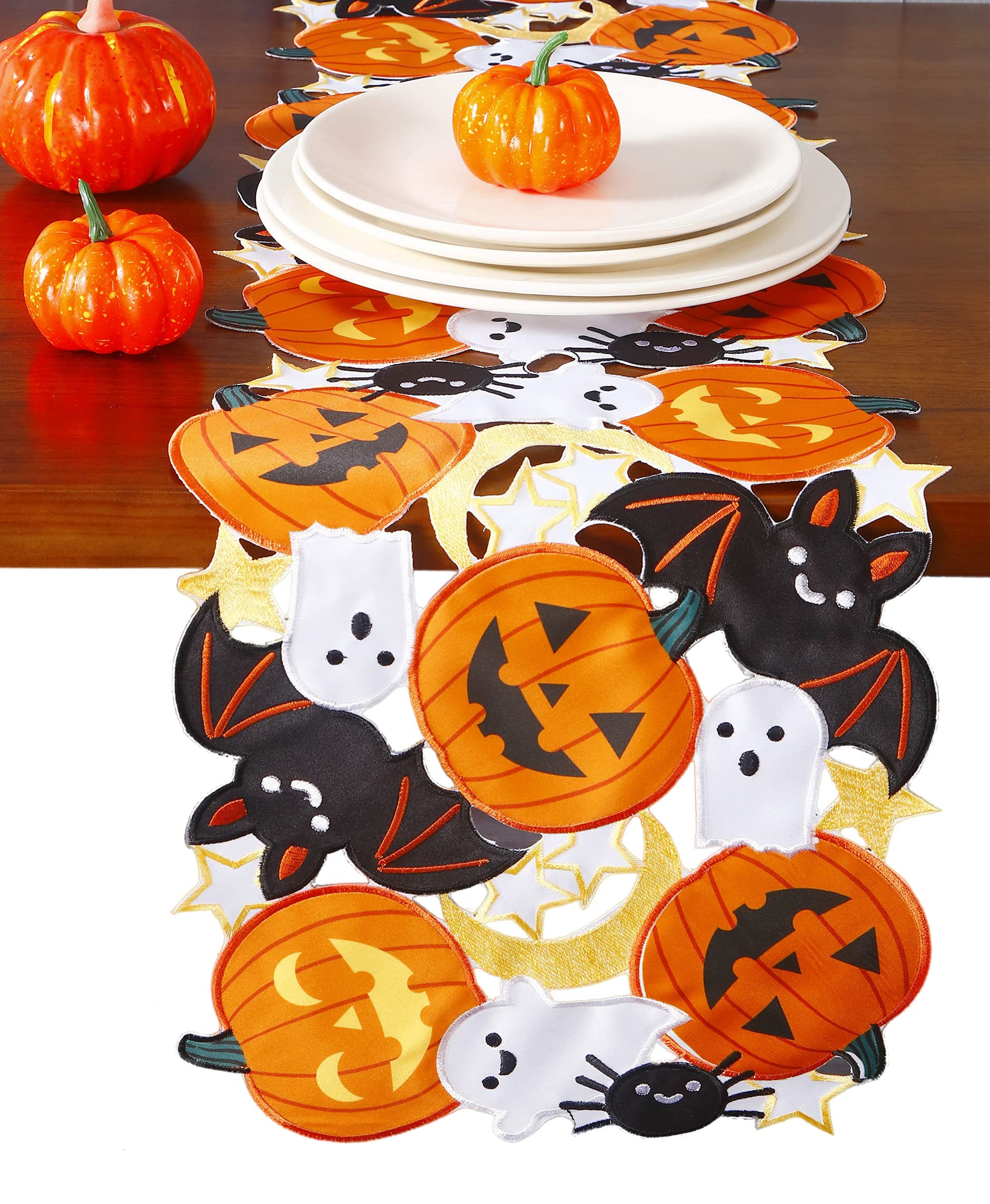 Holiday Halloween Table Runner 13''X36'' ,Cutwork Applique Embroidered Pumpkins And Bats Dresser Scarf For Home Dining Autumn Th