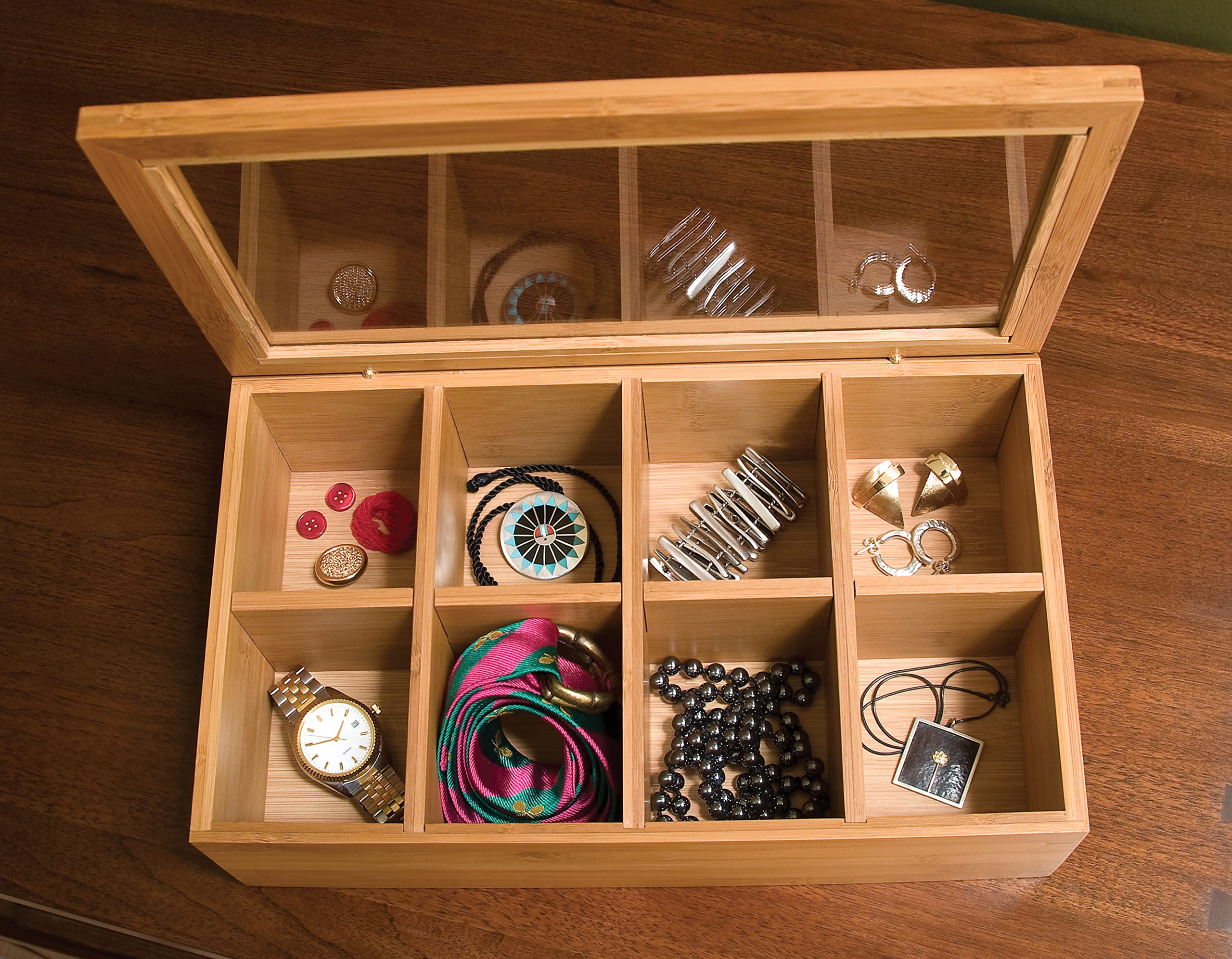 Lipper International Bamboo Wood Tea Box with Clear Lid  8 Compartments  12-1/2'' x 7-1/2'' x 3-5/8''