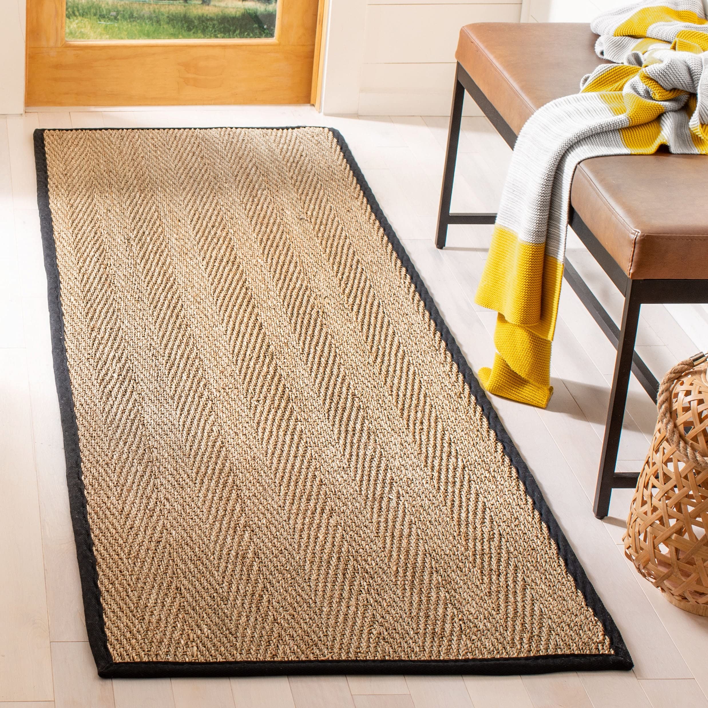 SAFAVIEH Natural Fiber Collection Runner Rug - 26 x 18, Natural & Black, Border Herringbone Seagrass Design, Easy Care, Ideal 