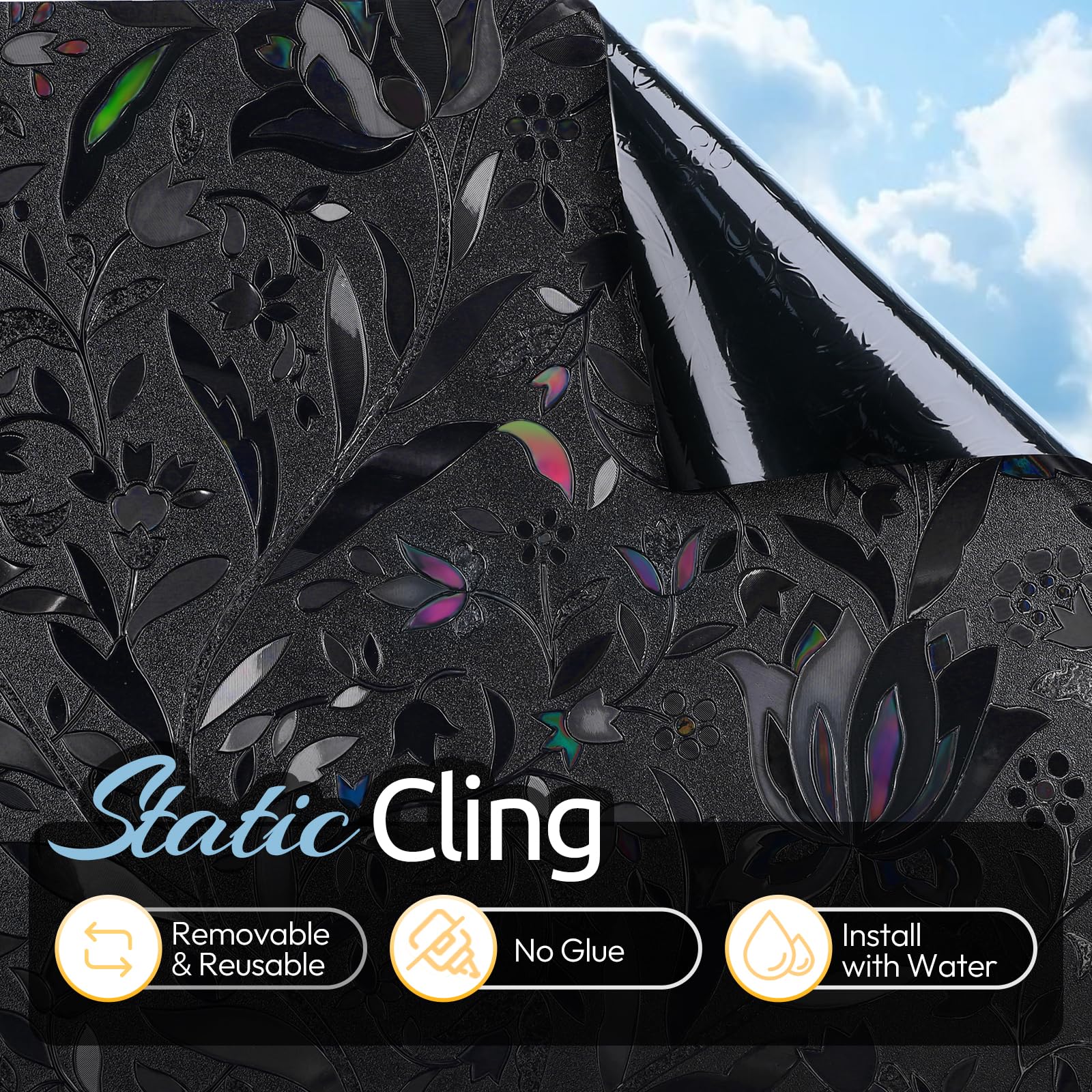 rabbitgoo Total Blackout Window Film Sun Blocking, Black Privacy Window Film Light Blocker, Stained Glass Thermal Cling Heat Con