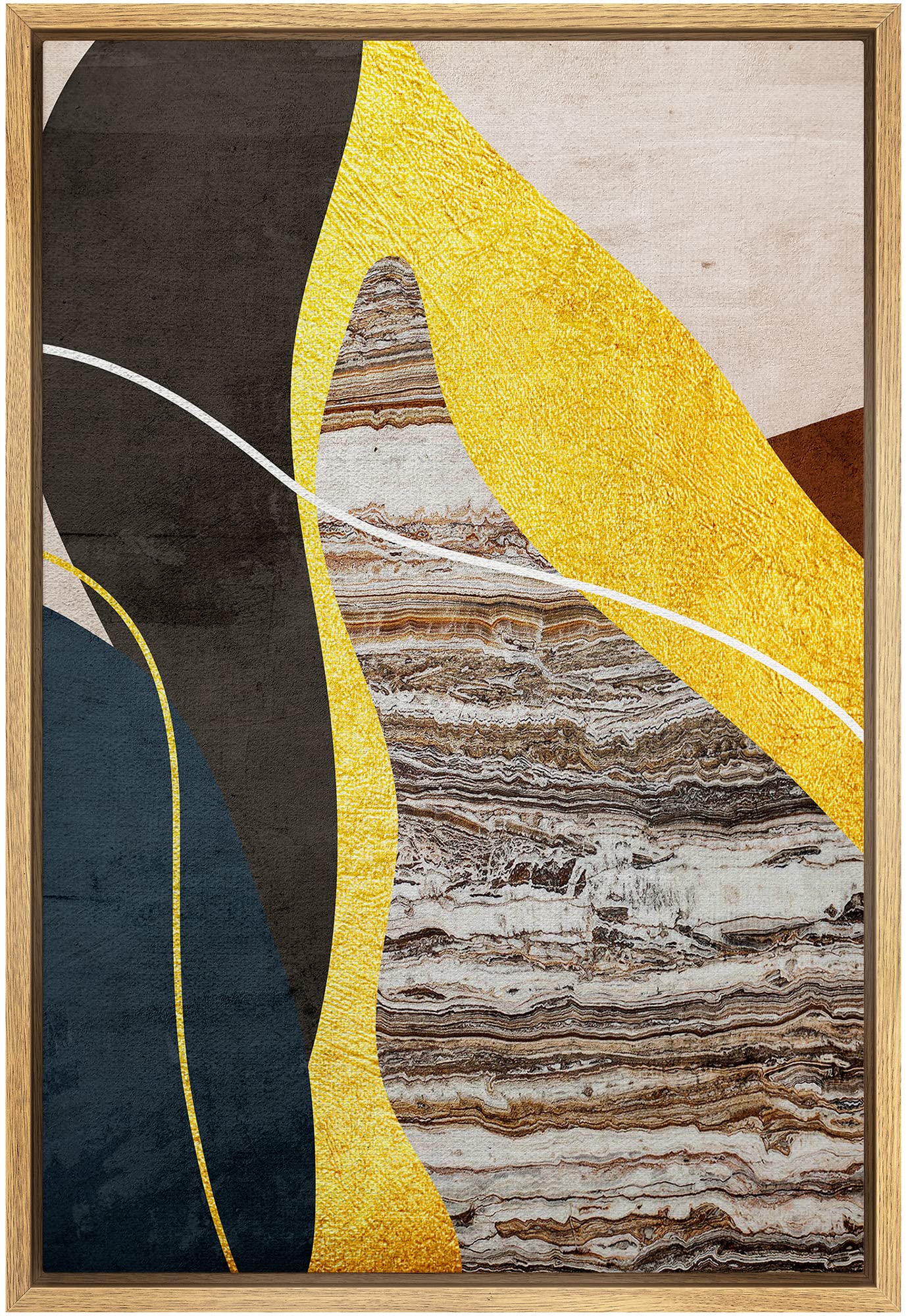 Signford Framed Canvas Print Wall Art Gold Brown Marble Granite Landscape Abstract Shapes Illustrations Modern Art Decorative Bo