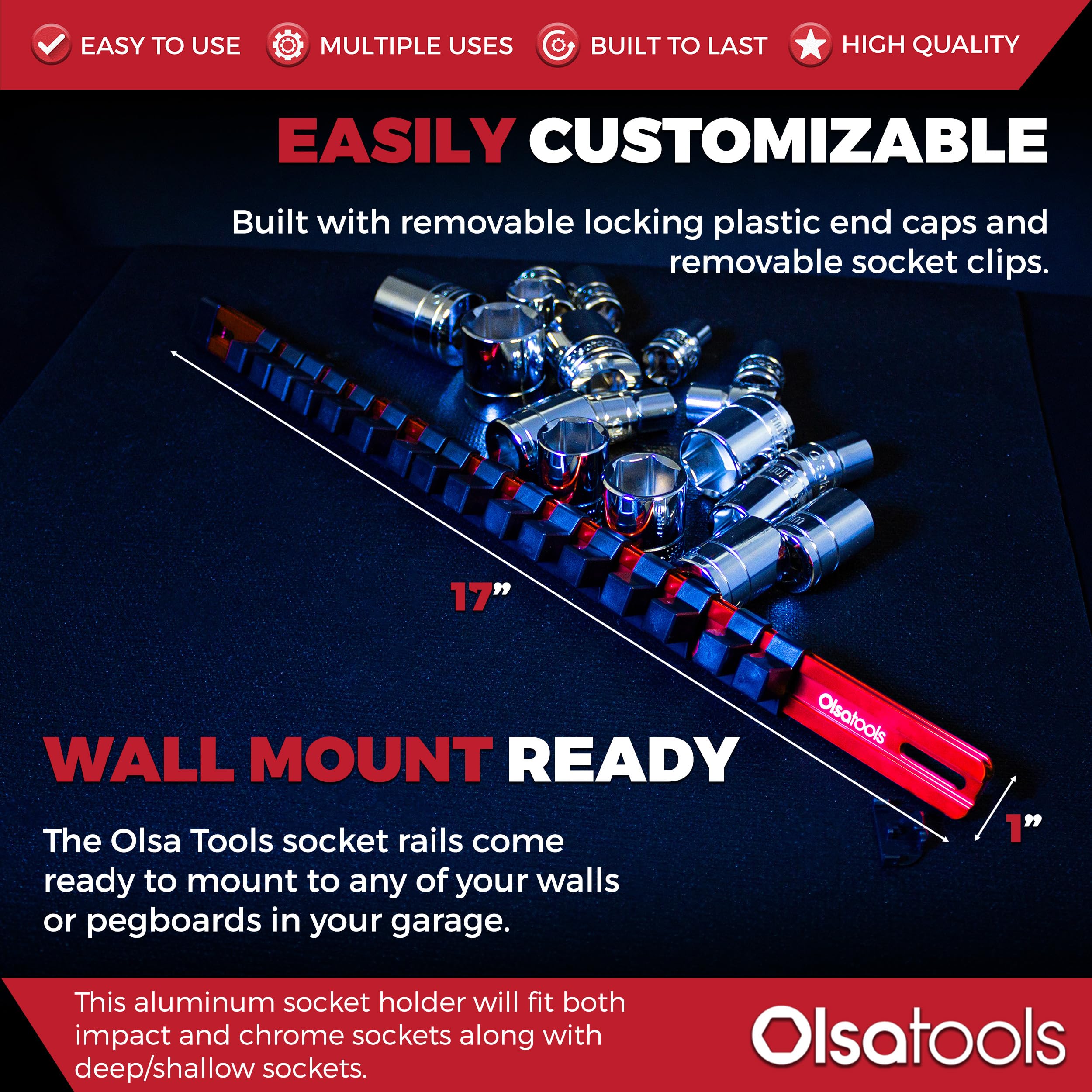 Olsa Tools 12-Inch Drive Aluminum Socket Organizer With Locking End Caps  Professional Quality Socket Holder (Red)