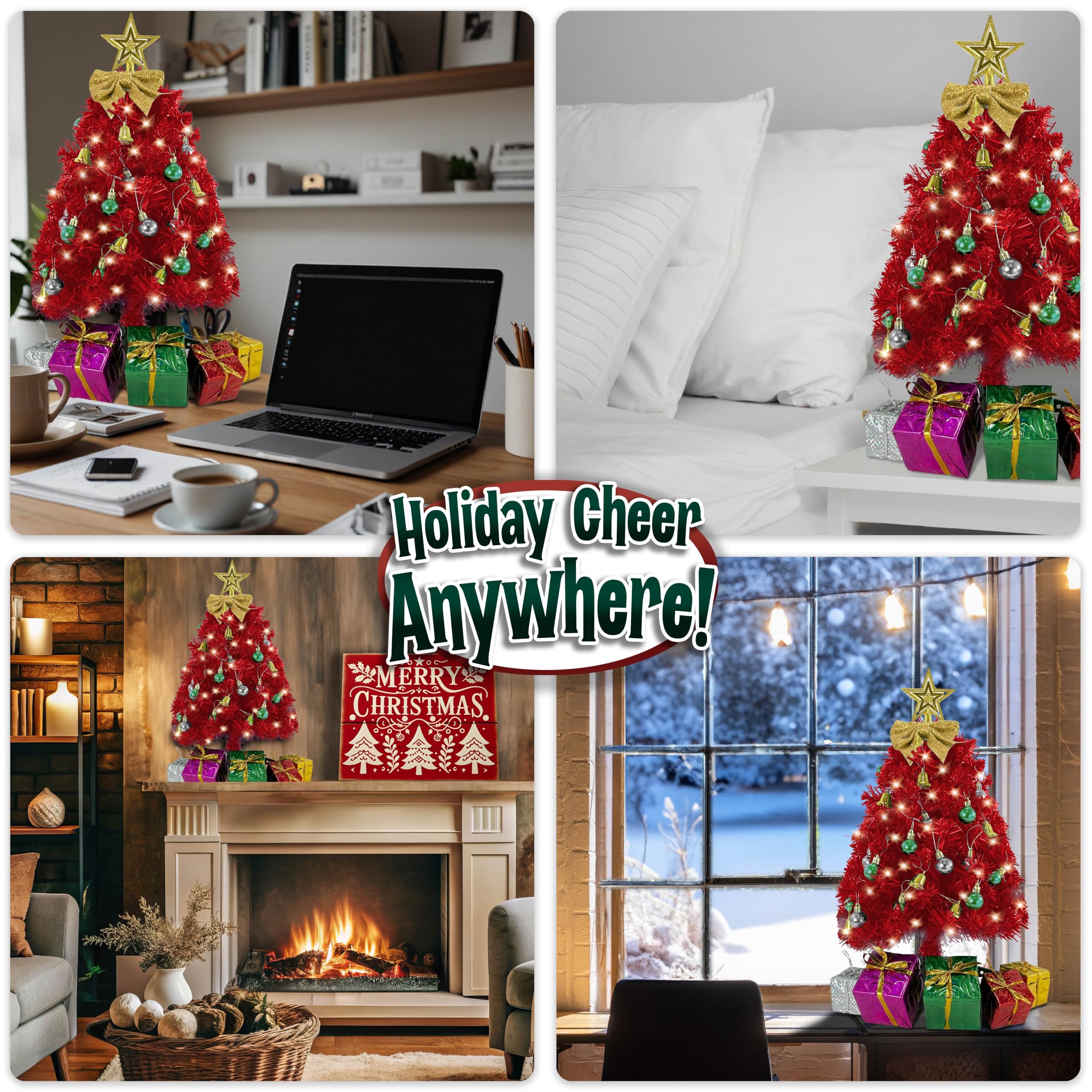 Small Red Christmas Tree with Lights - 23 Inch Mini Tabletop Christmas Tree with Warm-White LED Lights, Hanging Ornaments, Decor