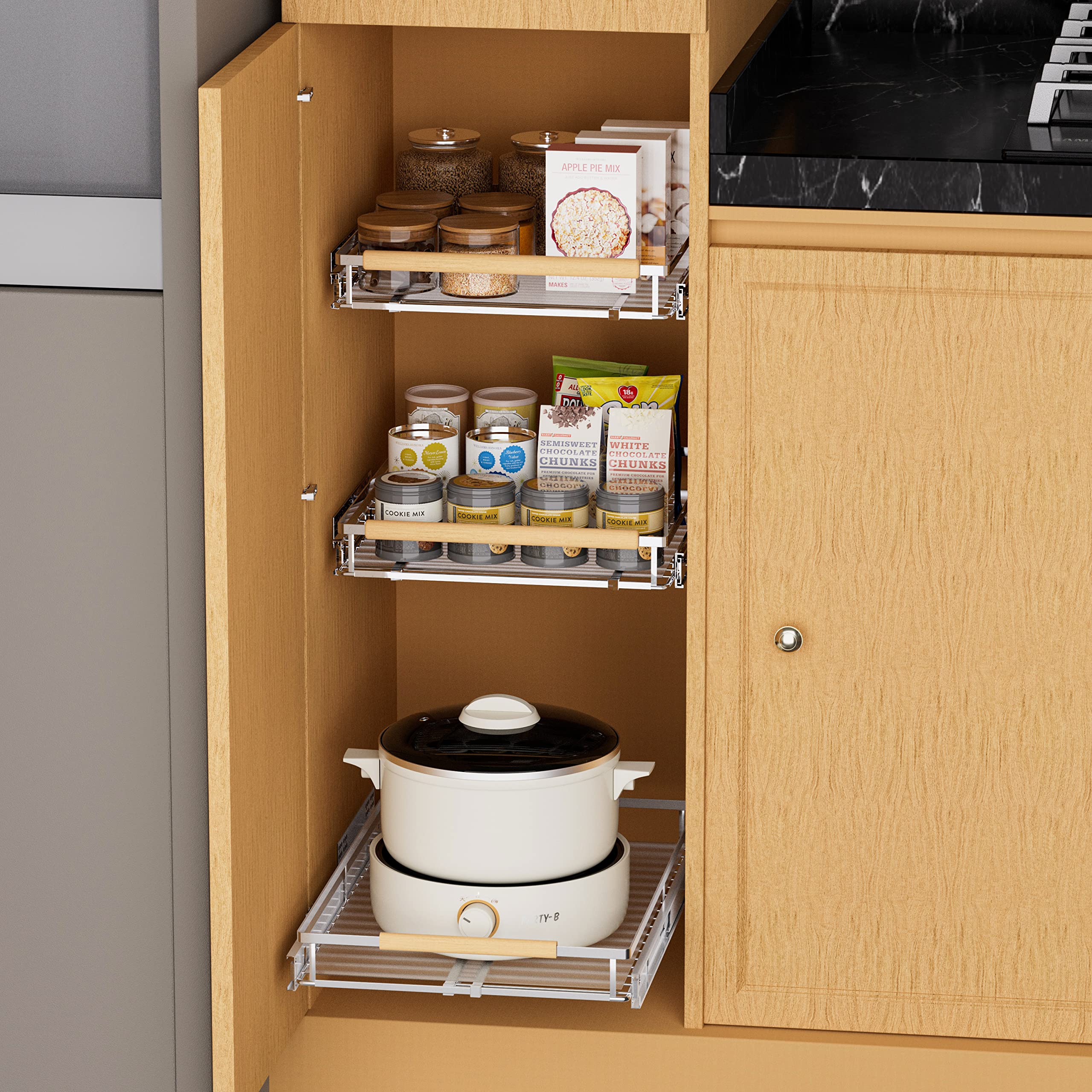 Sanno Pull Out Cabinet Organizer, Pantry Drawer Slide Out Basket Expandable Sliding Shelf Under Sink Shelf, Steel Metal Cabinet