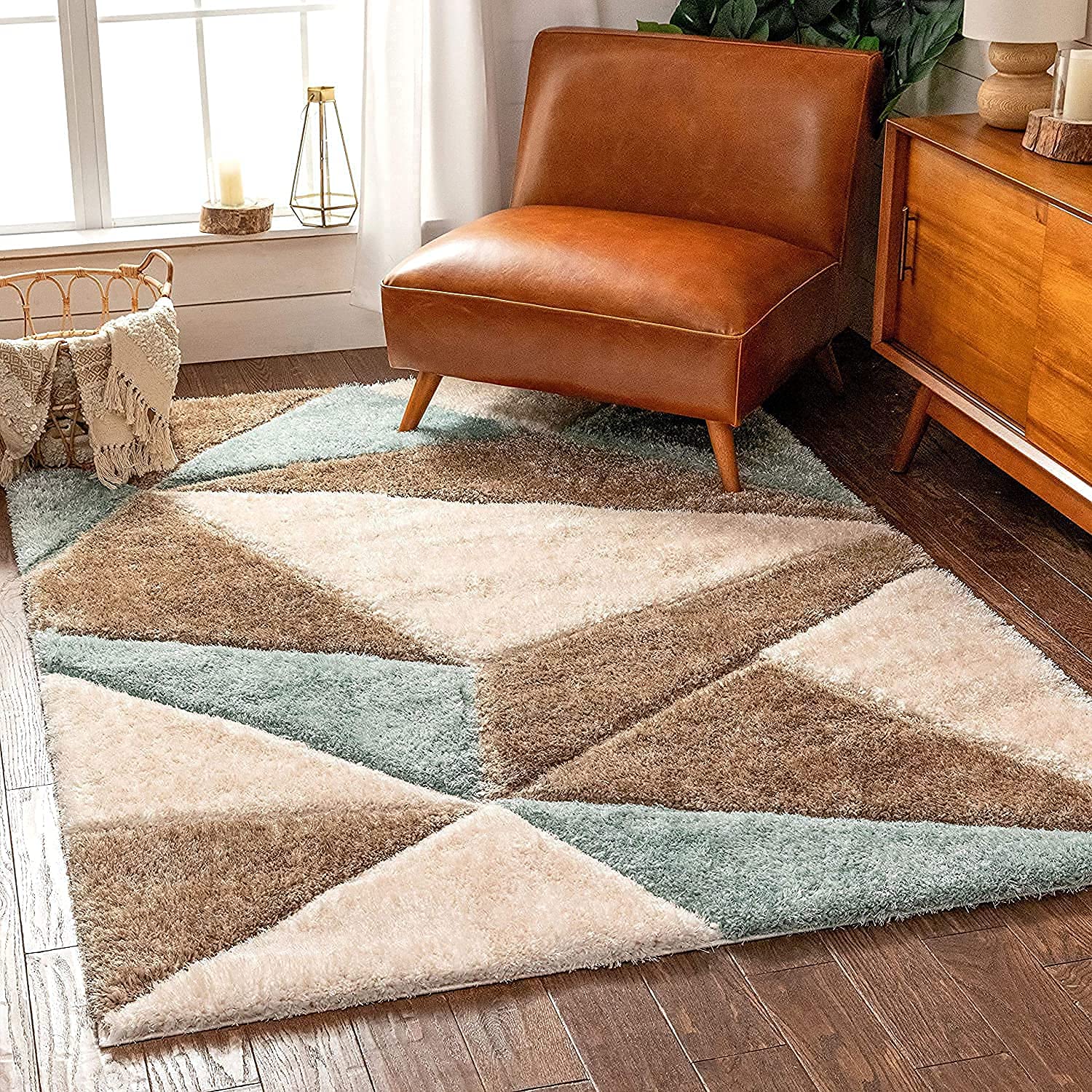 Carpetify Handwoven 3D Pattern Shag Area Rectangular Rug, Floor Mat, Kaalin, 5X7 Feet, Beige/Pista