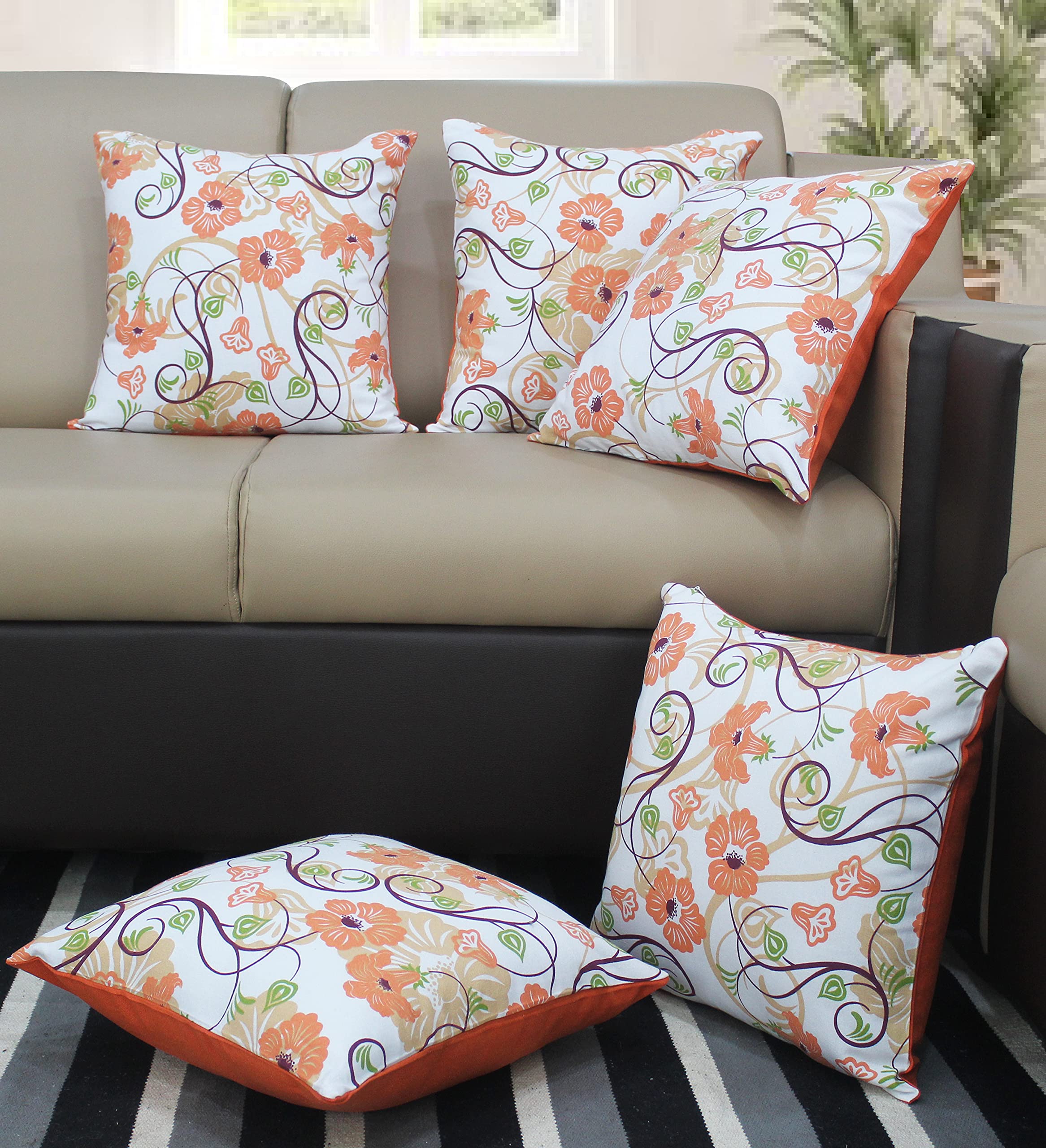 Airwill Cotton Orange Flower Themed Cushion Covers For Cushions & Pillows (Orange & Green, Pack Of 5)