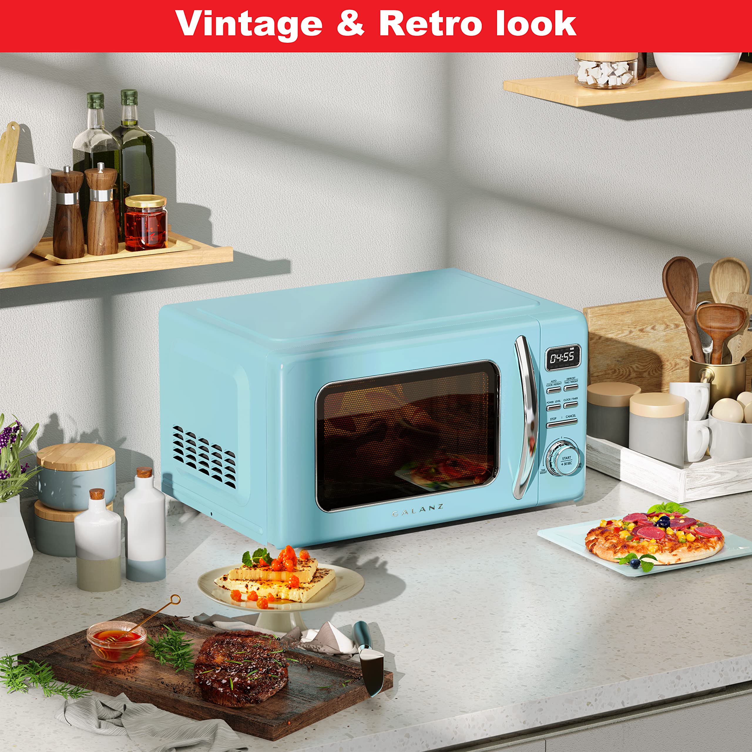 Galanz GLCMKZ11BER10 Retro Countertop Microwave Oven with Auto Cook & Reheat, Defrost, Quick Start Functions, Easy Clean with Gl