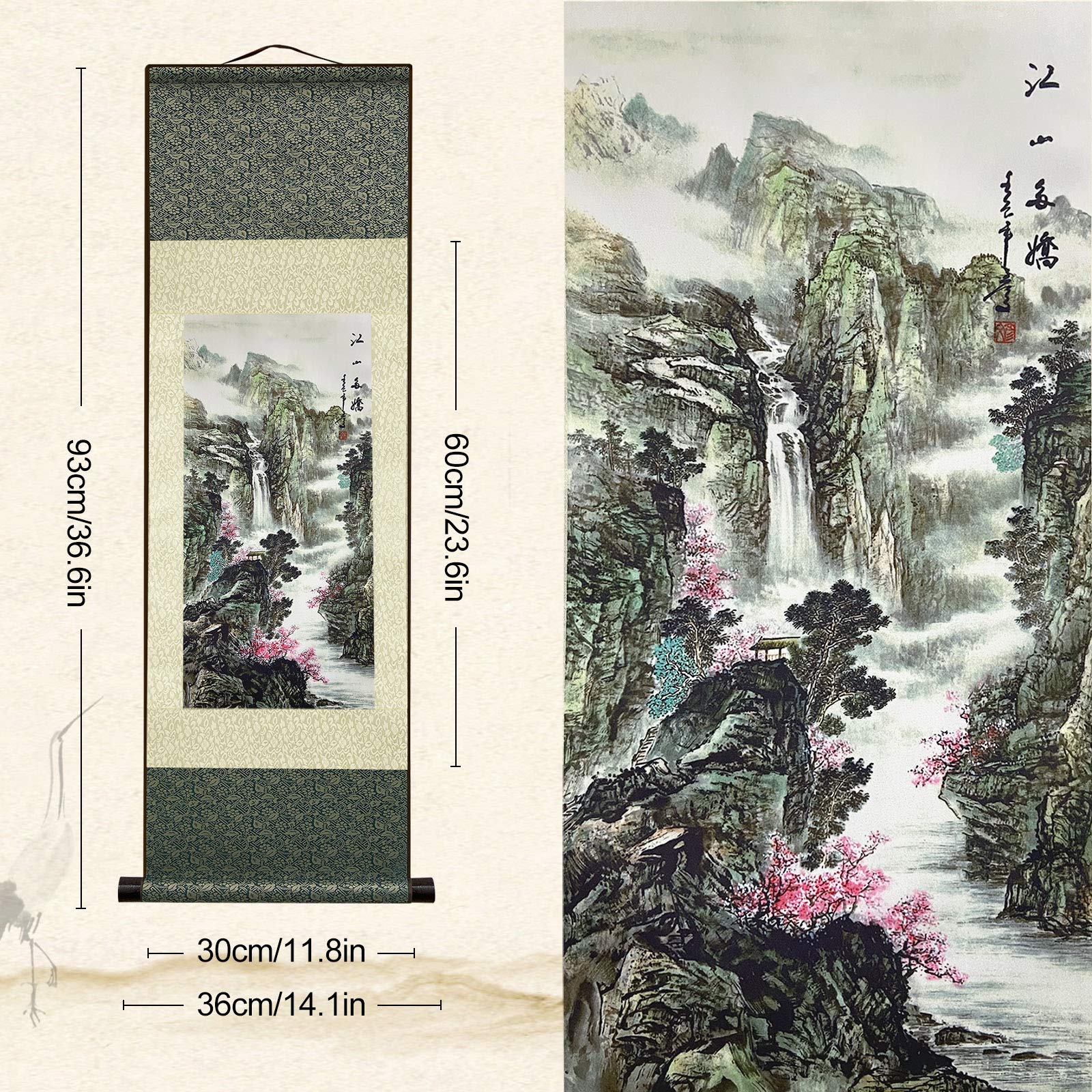 AtfArt Asian Wall Decor Beautiful Silk Scroll Painting Jiangshan Duojiao - Our land is rich in beauty Oriental Decor Chinese Art Wall Scroll Wall Hanging Painting Scroll (39 x 12 in)