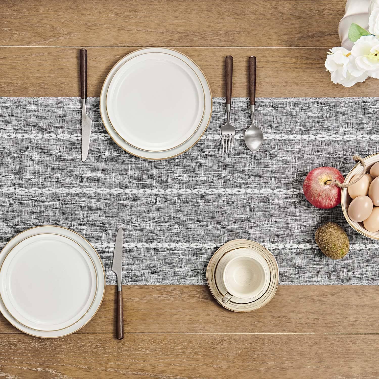 Zeemart Farmhouse Table Runner, Rustic Table Runners 48 Inches Long, Linen Boho Table Runner, Braided Striped Grey Table Runner