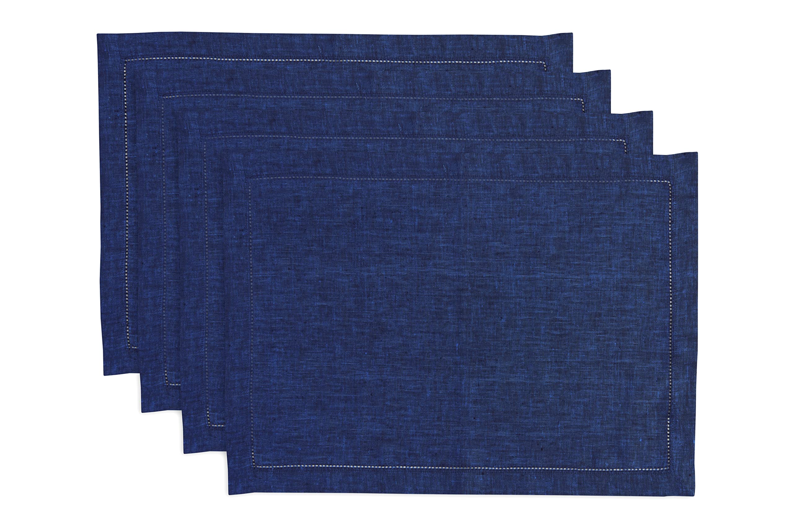 Solino Home Royal Blue Linen Placemats Set Of 4 - 100% Pure Linen Placemats 14 X 19 Inch - Milan Hemstitch Tablemats For Memoria
