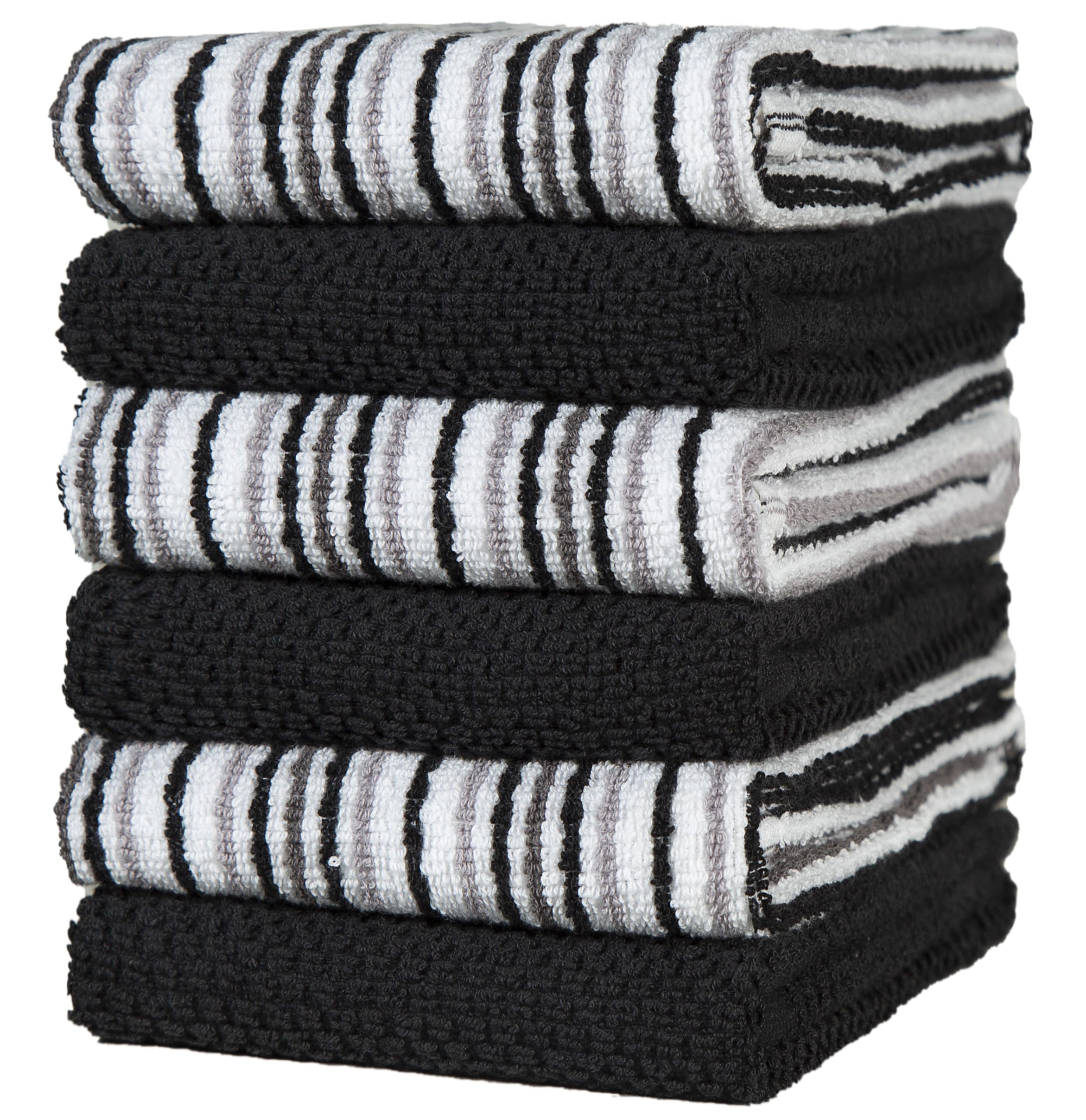Popcorn Stripe Cotton Kitchen Towels - 6 Pack | 16x26 | Highly Absorbent 400 GSM | Black