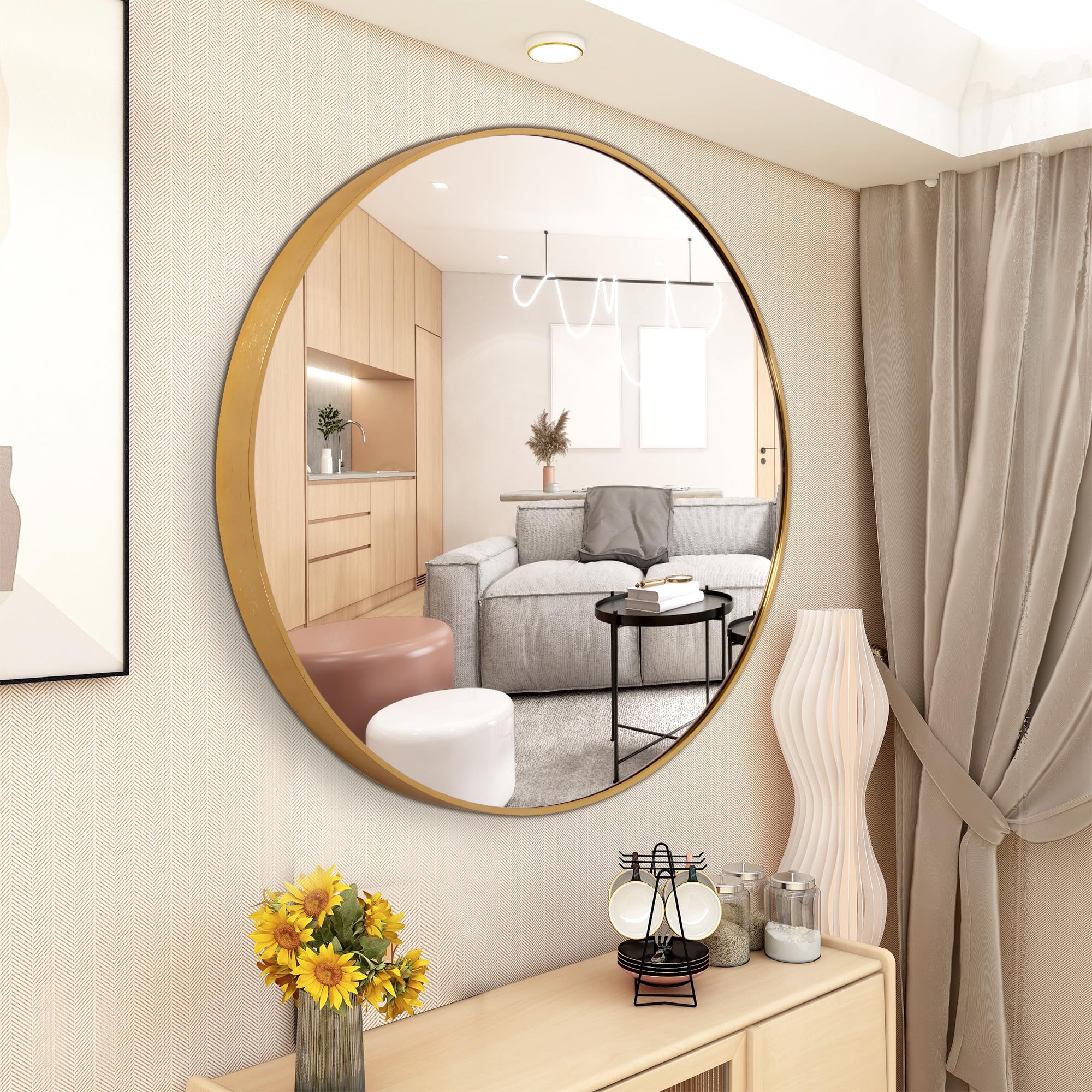 FANYUSHOW Round Mirror For Bathroom, Gold Circle Mirror For Wall Mounted, 24 Modern Brushed Brass Metal Frame Round Mirror For W