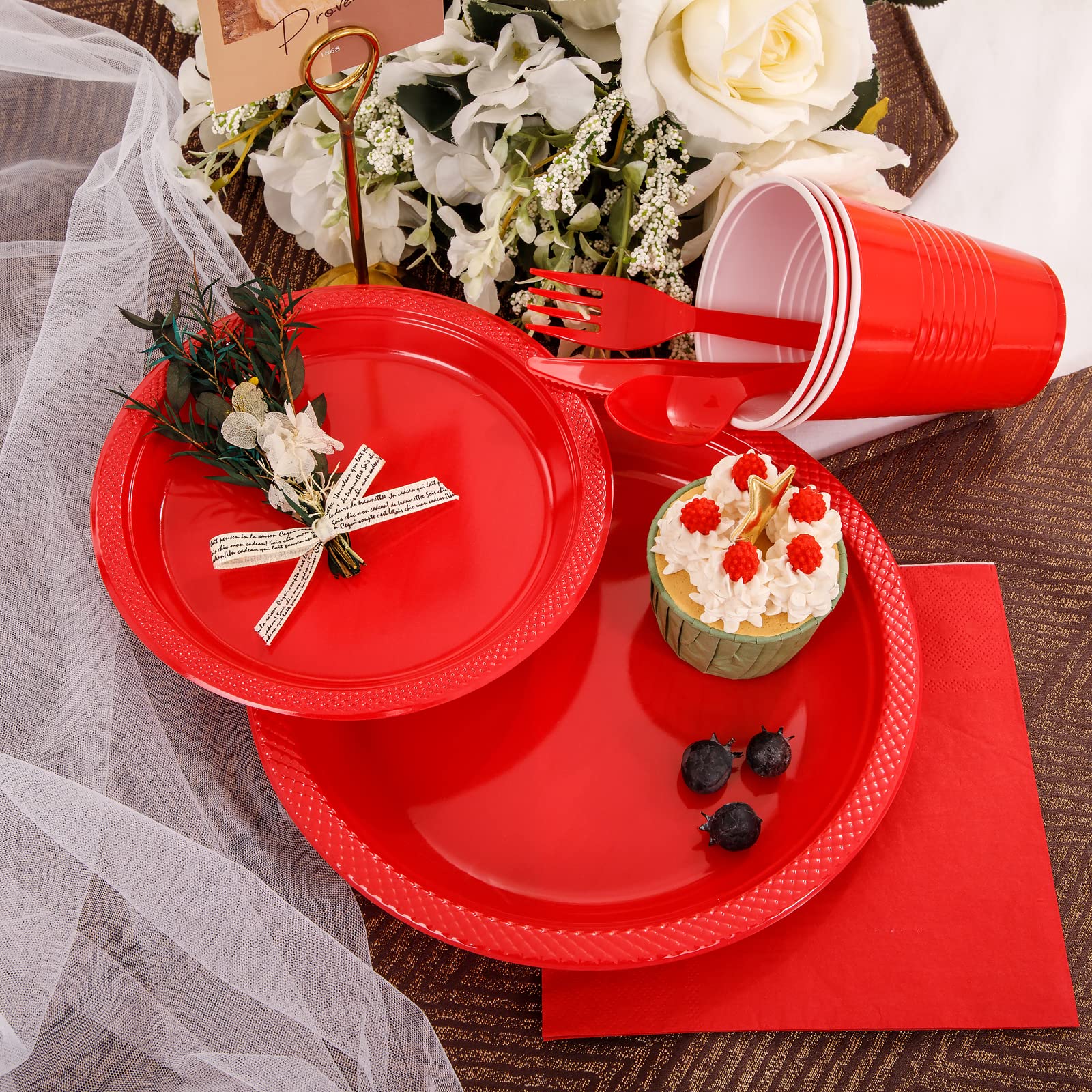 Mirthmood 350Pcs Red Disposable Plastic Plates,Valentines Day Plates Includes 50 Dinner Plates, 50 Salad Plates, 50 Sets Of Red