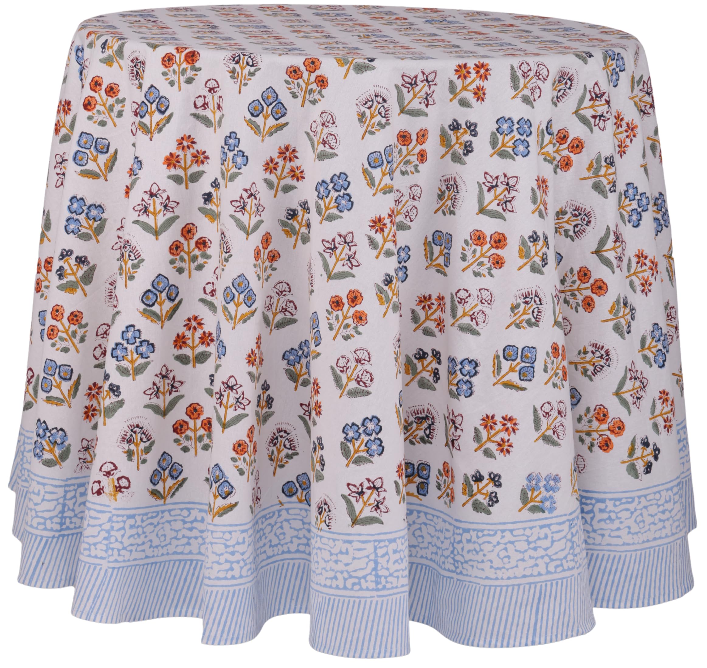 ATOSII Flora Bloom 100% Cotton Round Tablecloth, Handblock Print Floral Table Cloth for Kitchen Dining Linen I Parties, Weddings
