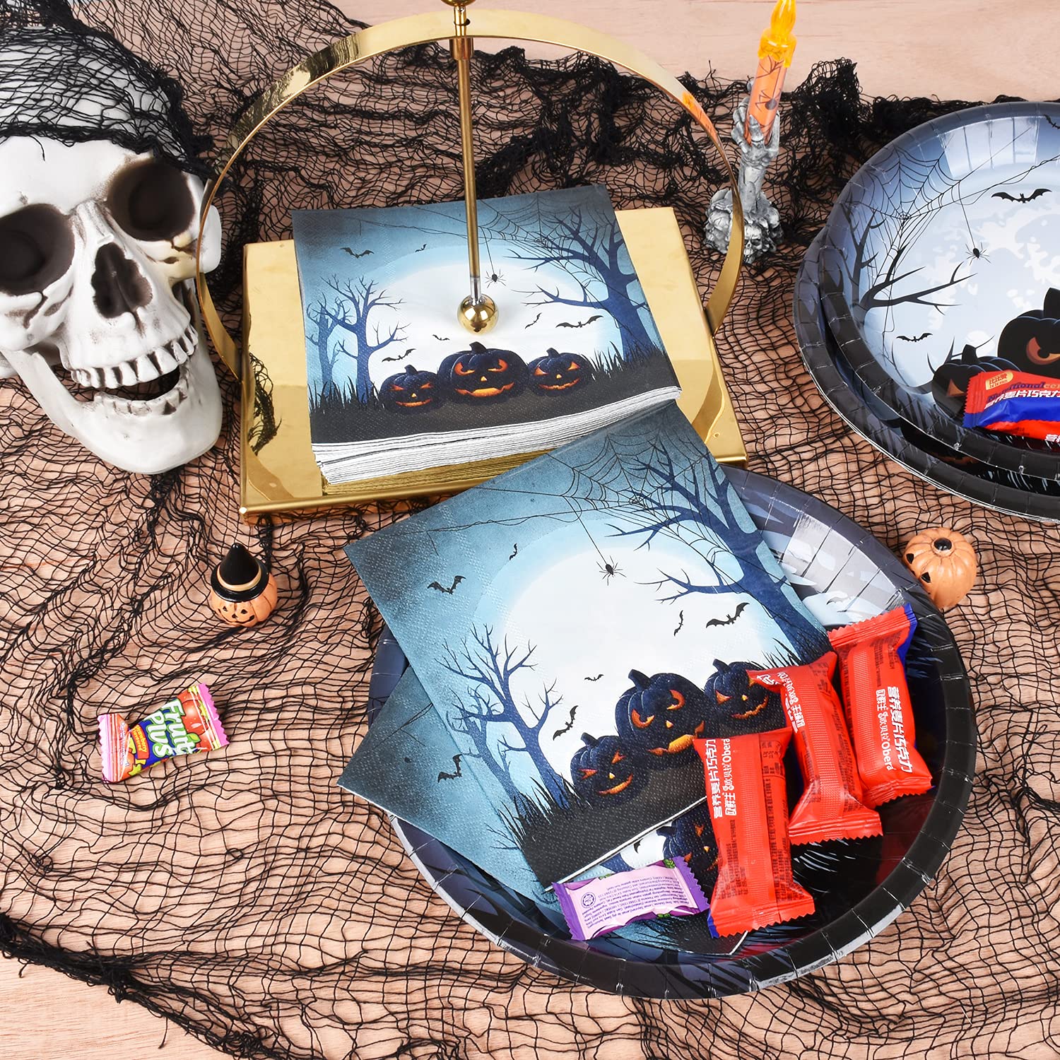 Gatherfun Halloween Party Supplies Anger Black Pumpkin Disposable 10 Inch Big Paper Plates And Paper Napkins For Spooky Hallowee