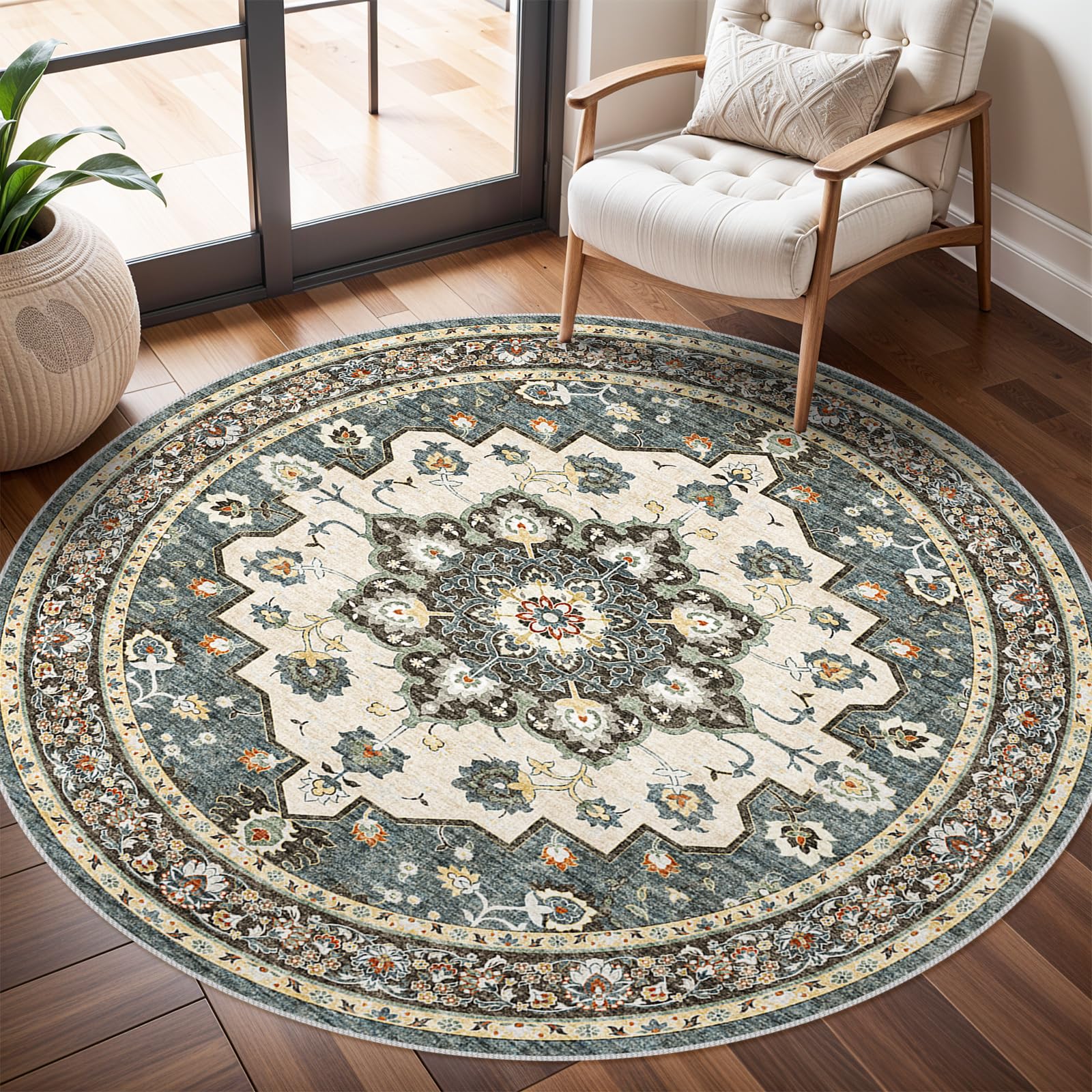 TOPRUUG Washable Oriental Area Rug - 6ft Round Rugs for Living Room Soft Carpet for Bedroom Waterproof Floral Distressed Indoor 