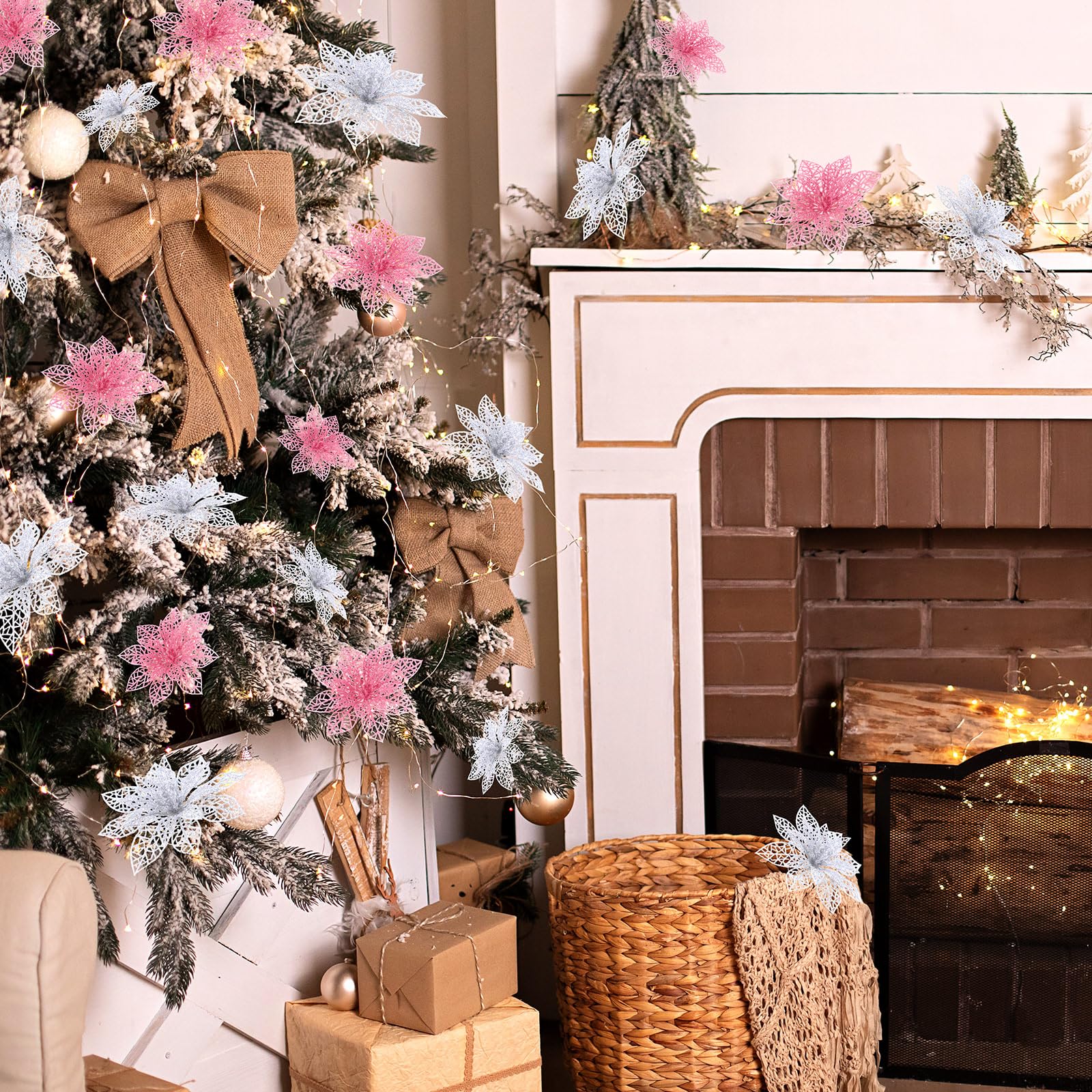 Boao 24 Pieces Christmas Poinsettia Tree Ornament Artificial Flowers Christmas Decoration Glitter Ornament, 3/4/6 Inches(Pink,Si