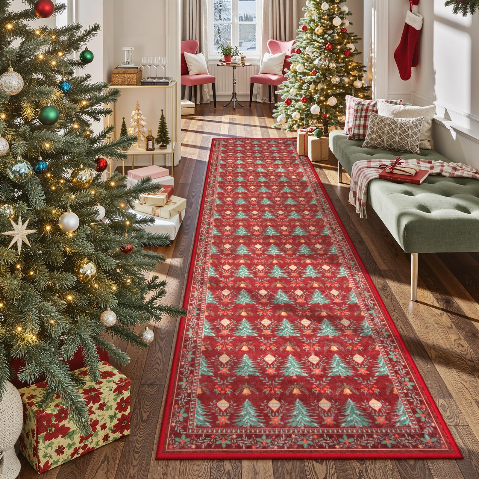 Yuemasi Christmas Runner Rug for Hallway 2x8, Washable Christmas Kitchen Rug Non Slip, Soft Xmas Tree Print Red Carpet Runner fo