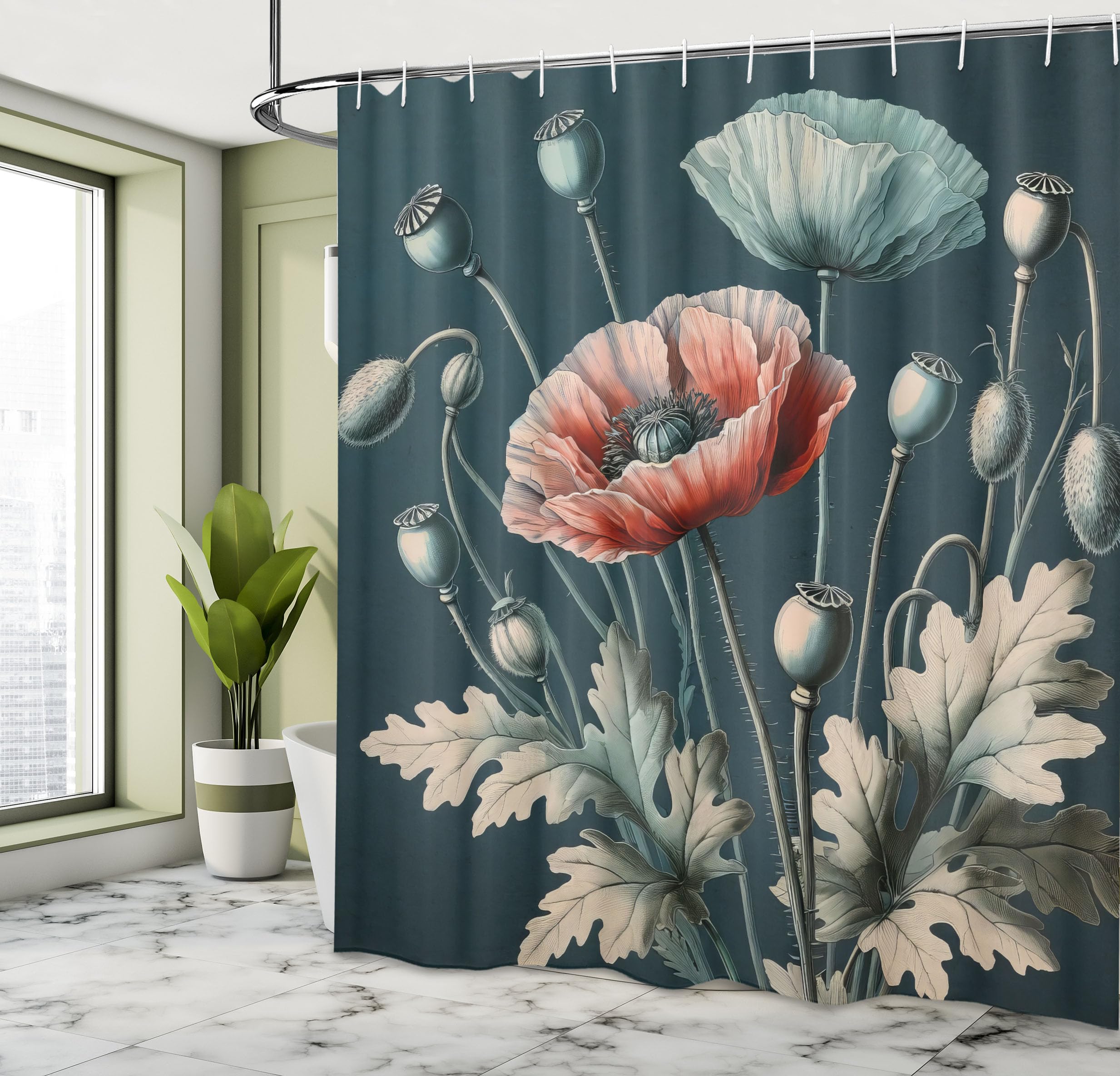 Ambesonne Vintage Shower Curtain, Jungle Greenery Leaves Detail Blooming Poppy Flowers With Nostalgia Tones, Cloth Fabric Bathro