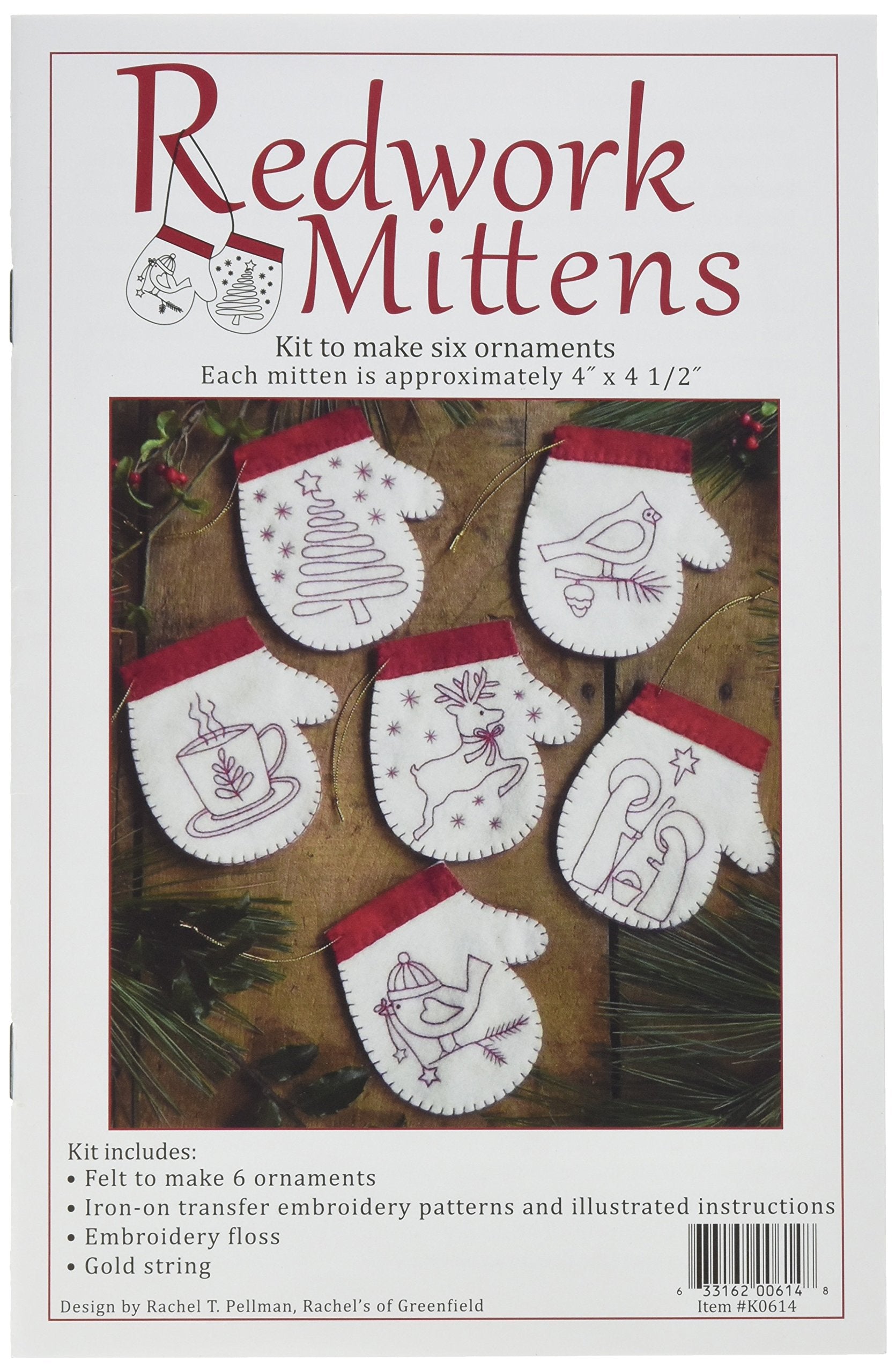 Rachel'S Of Greenfield Redwork Mittens Ornmanet Kit, 4-Inch X 4.5-Inch
