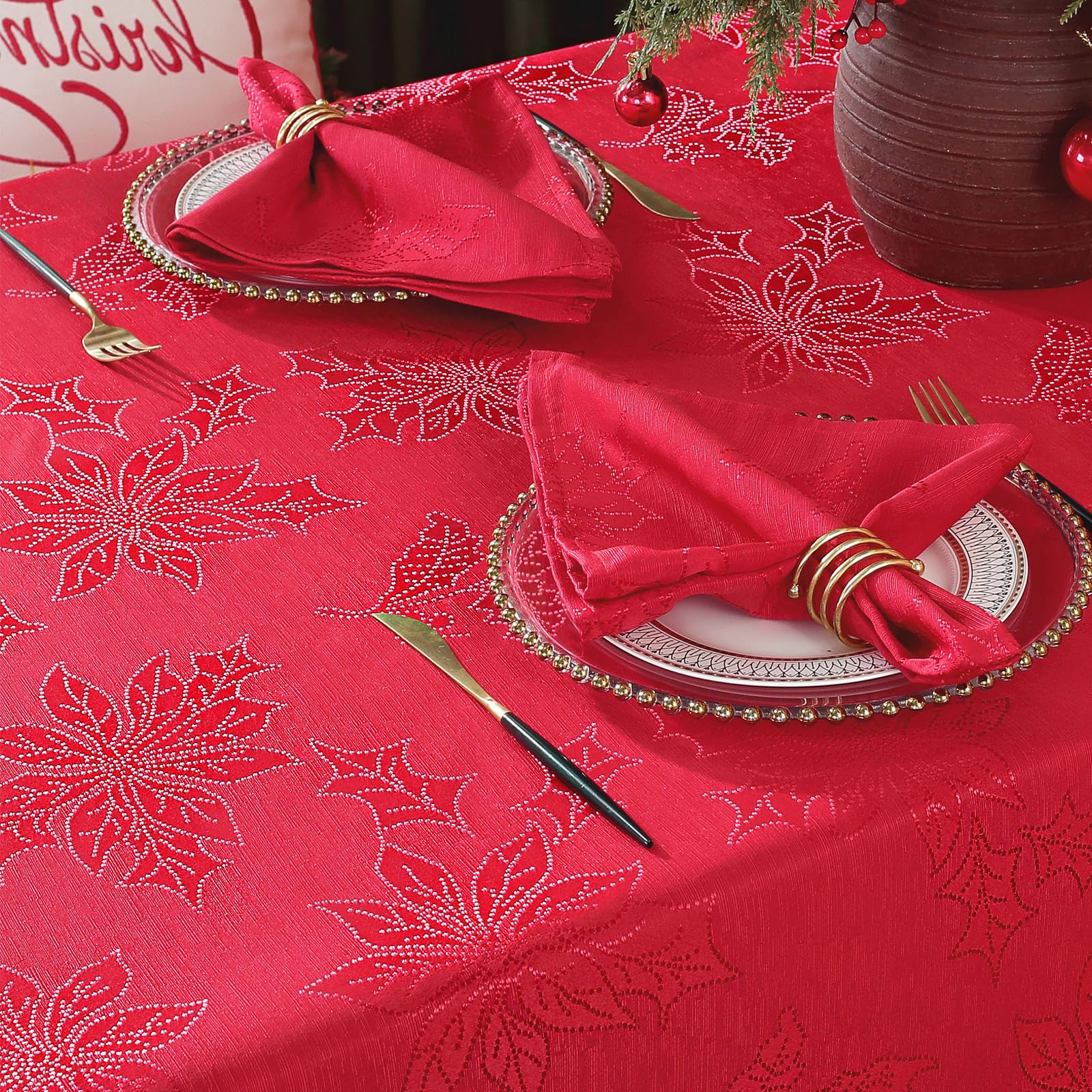 Honellaty Christmas Poinsettia Tablecloth Rectangle, 60 X 102 Inch Jacquard Washable Polyester Durable Spillproof Anti-Wrinkle D