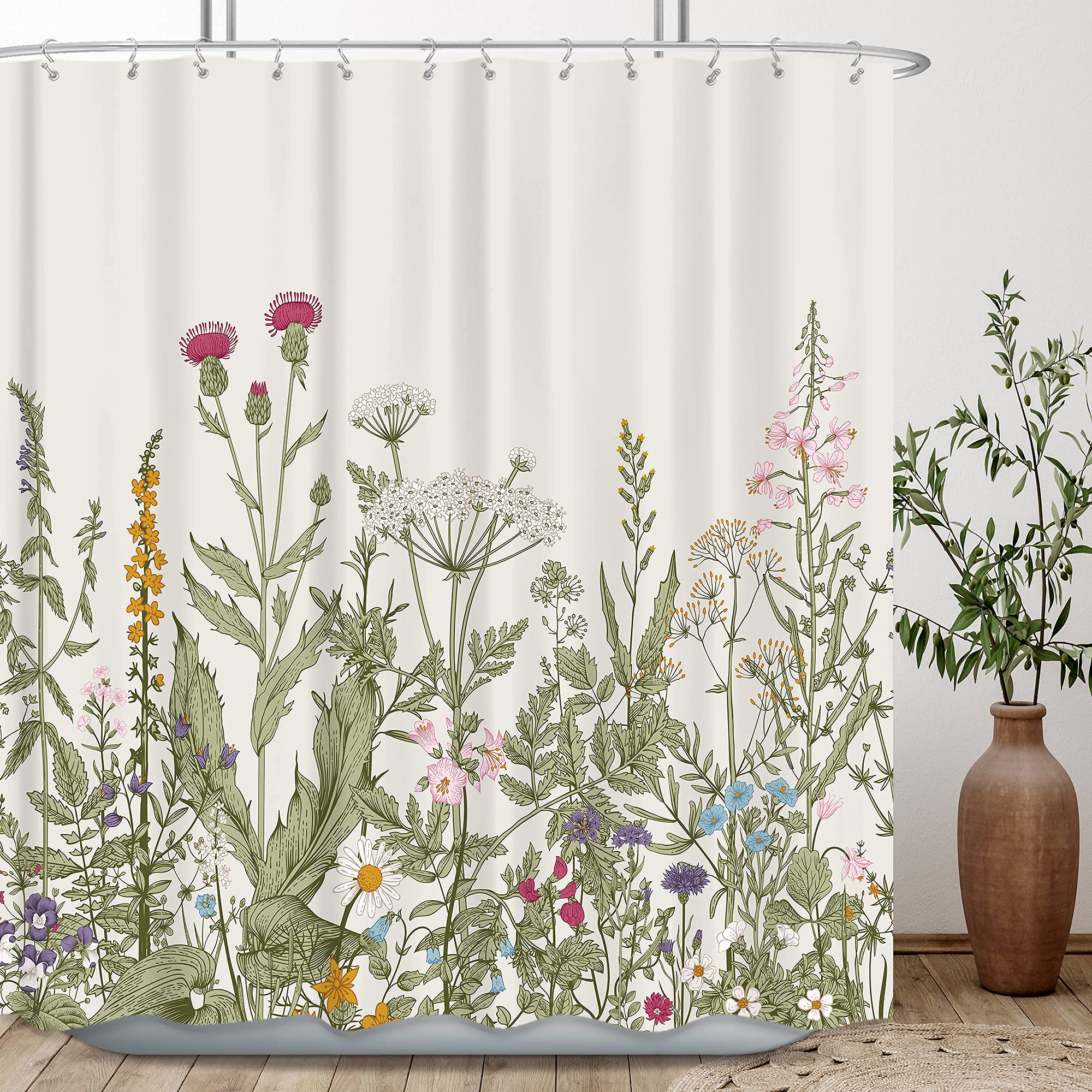 Riyidecor Wildflower Botanical Shower Curtain For Bathroom Decor 72Wx72H Inch Floral Flower Plant Herbs Sage Green Leaves Decora