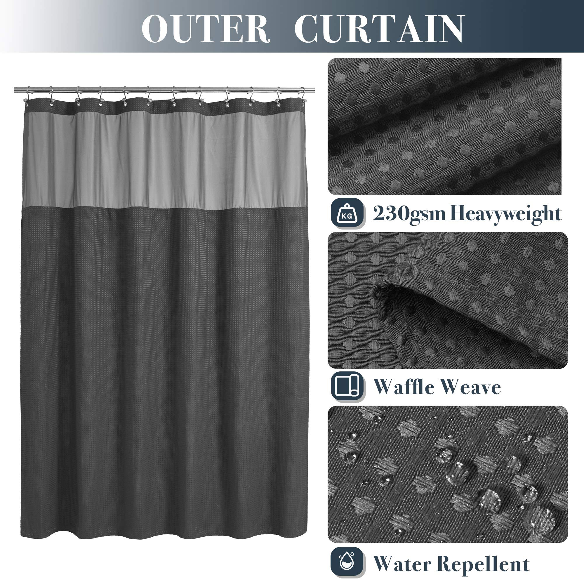 N&Y Home Extra Long Waffle Weave Shower Curtain With Snap-In Fabric Liner & 12 Hooks Set - 71'' X 84'', Hotel Style & Mesh Top W
