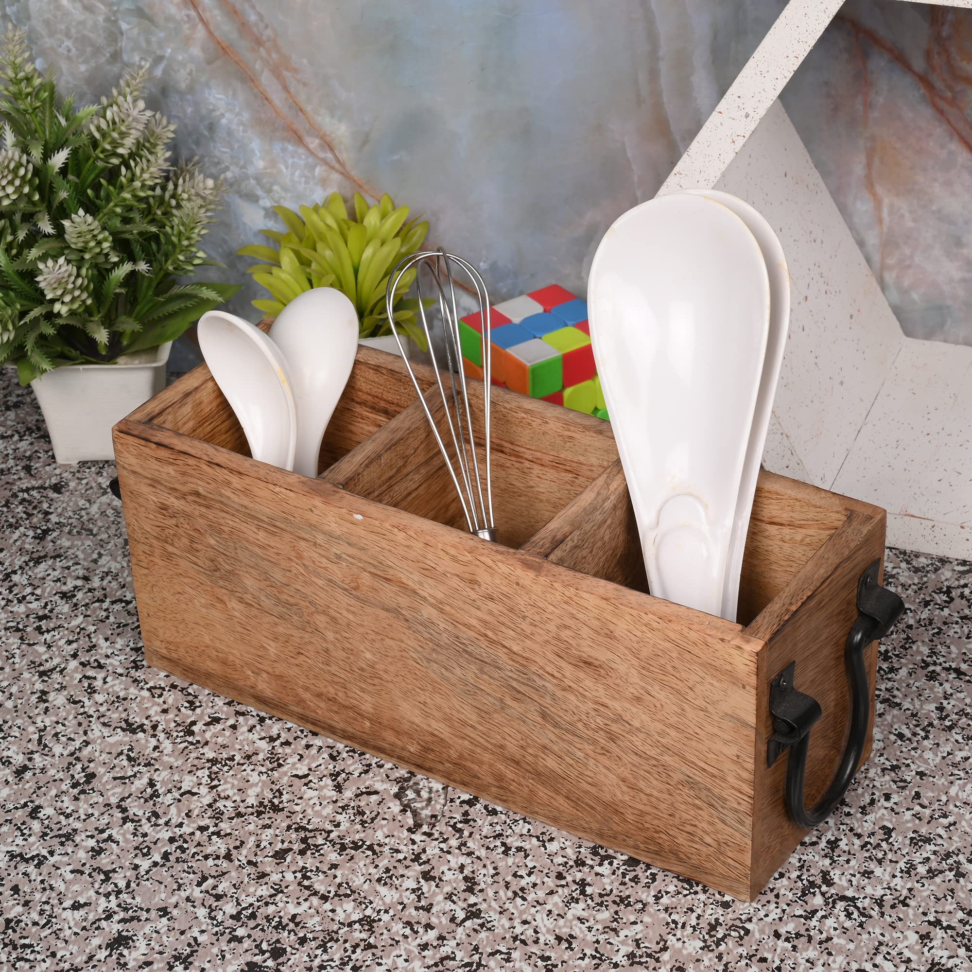 Samhita Mango Wood Cutlery Holder Caddy Organizer Wooden Utensil Storage Organizer Countertop For Silverware Fork Spoon Spatula