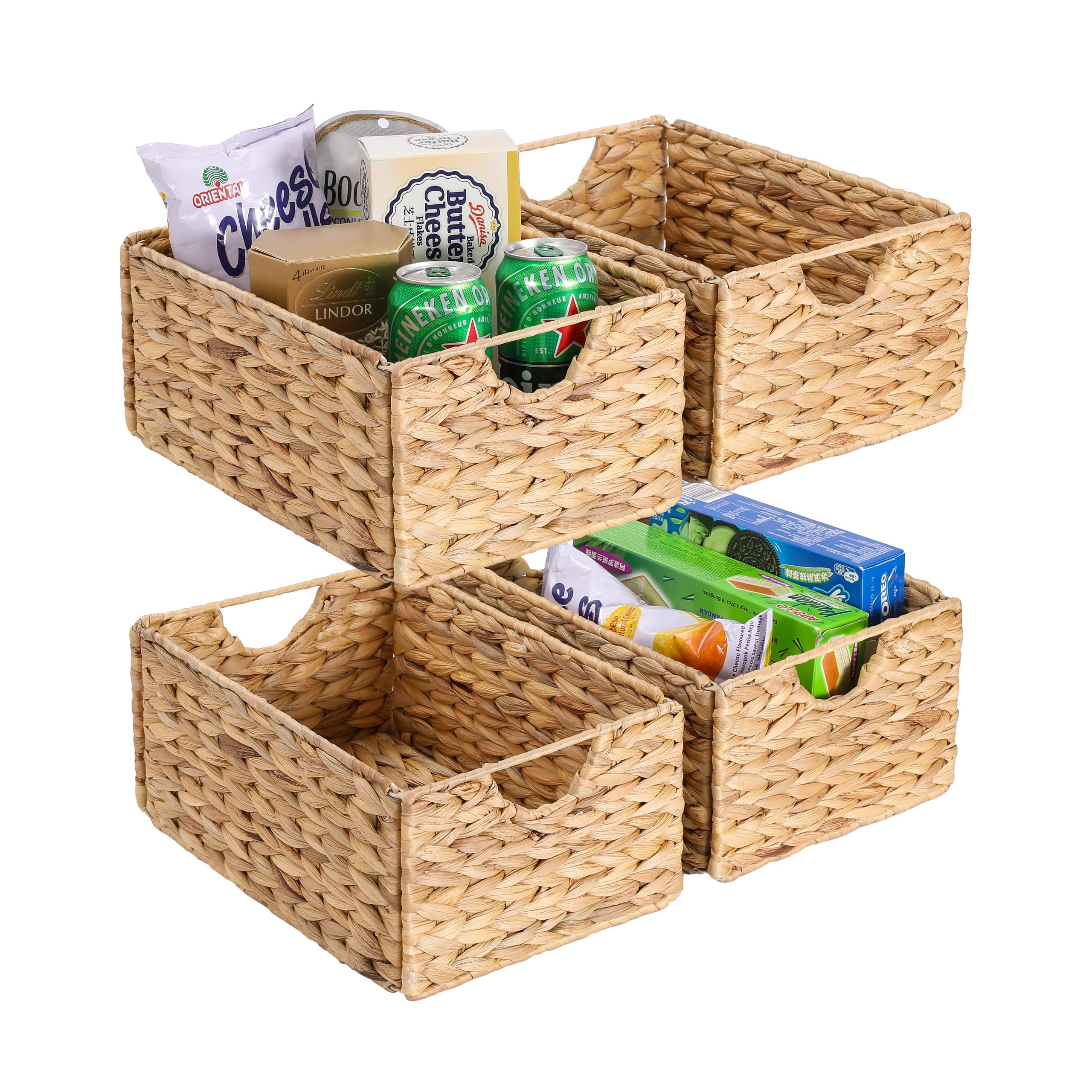 Water Hyacinth Pantry Baskets Set of 4, 12.5 x 9.5 x 6in Wicker Storage Baskets for Shelves, Pantry Baskets, Bathroom Shelves St
