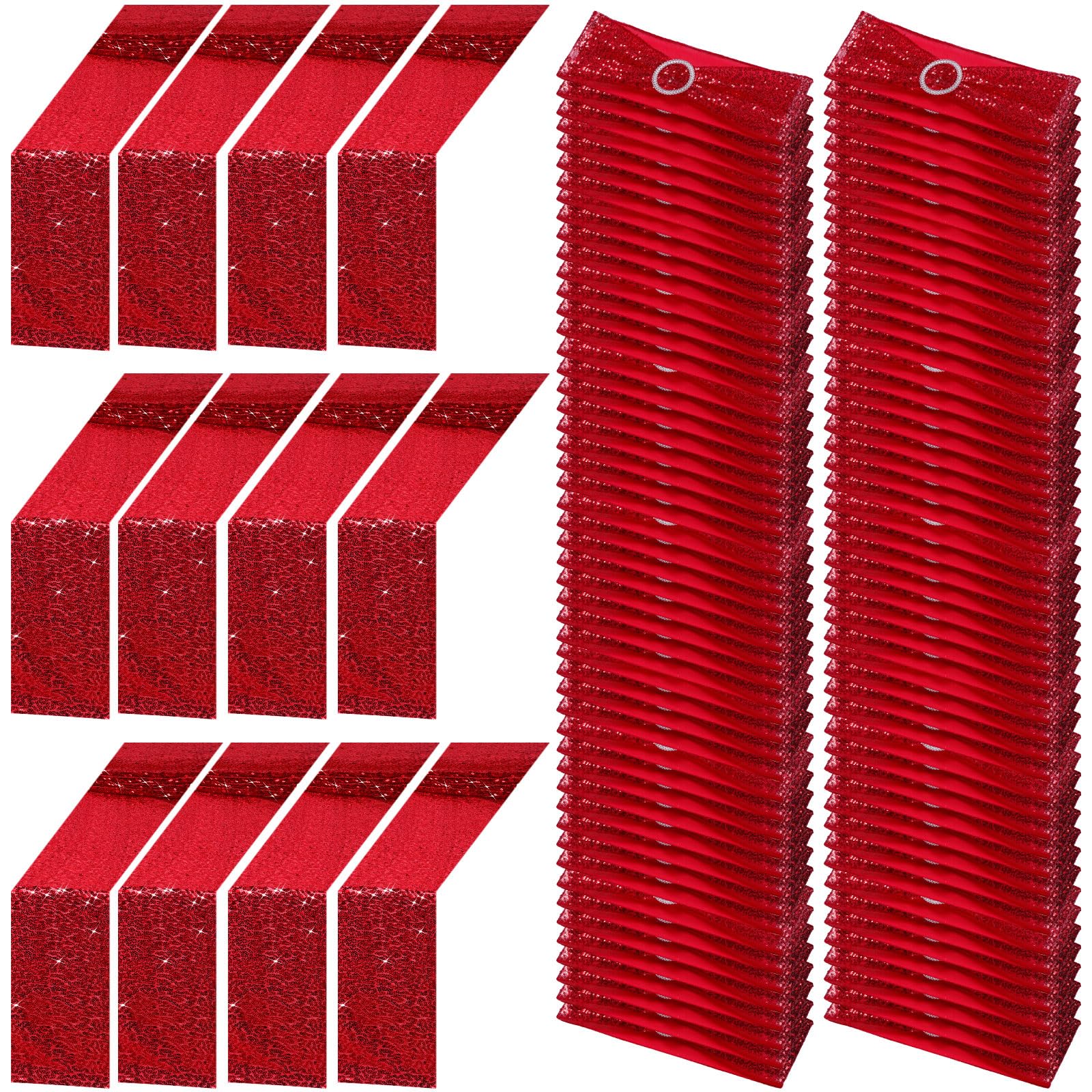 Newwiee 108 Pcs Red Sequin Chair Sashes and Table Runners, 96 Sequin Chair Bows, 12 Glitter Table Runners for Birthday Party Wed